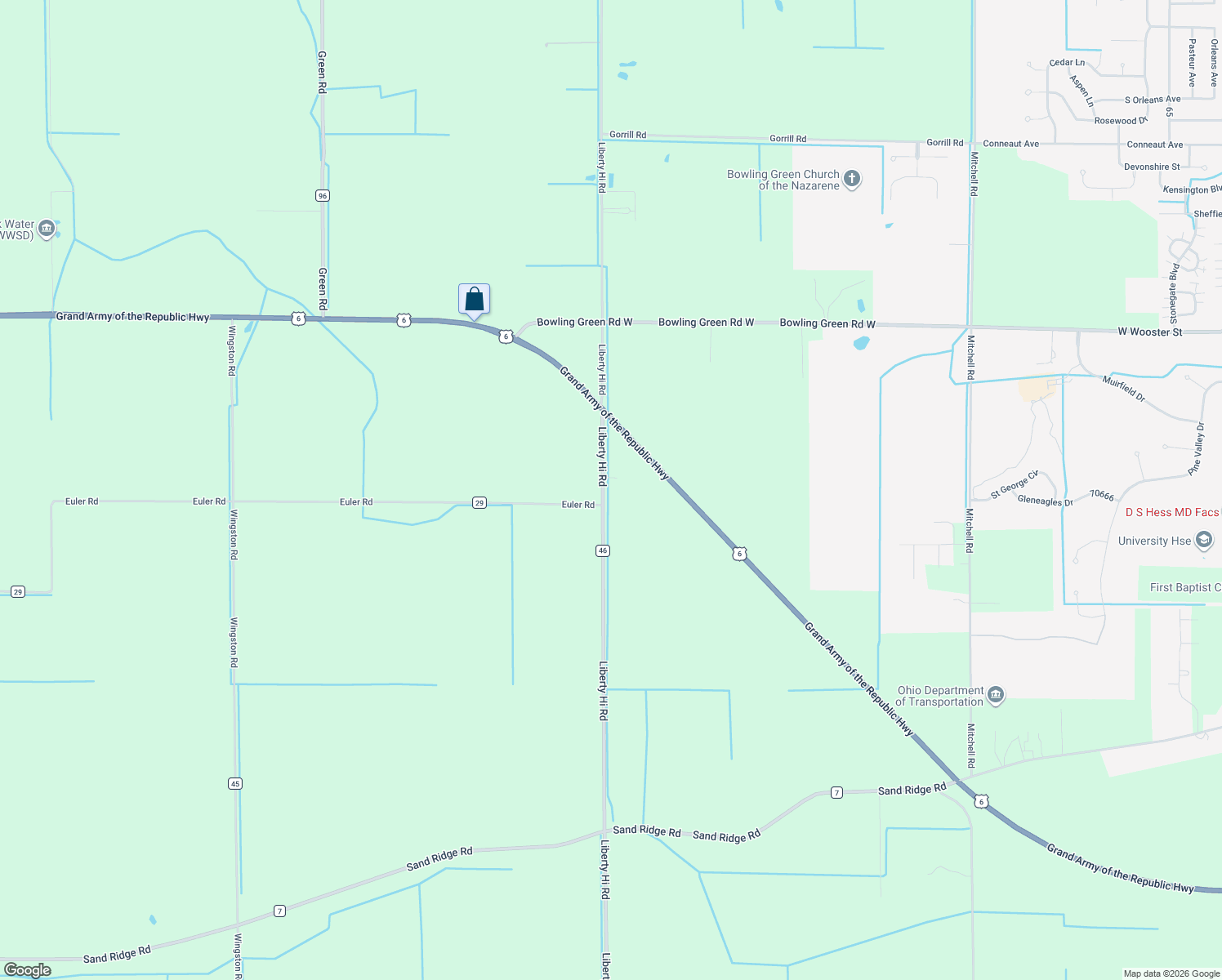 map of restaurants, bars, coffee shops, grocery stores, and more near 14486 Liberty Hi Road in Bowling Green