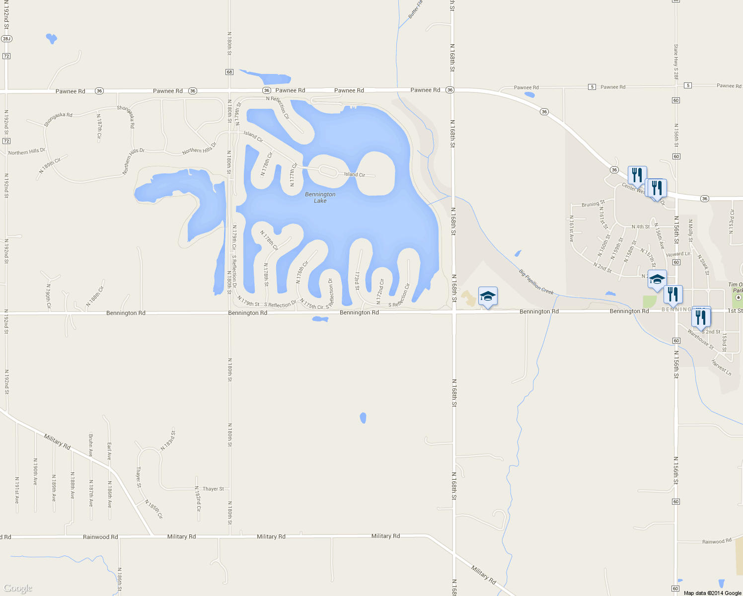 map of restaurants, bars, coffee shops, grocery stores, and more near 17220 South Reflection Circle in Bennington