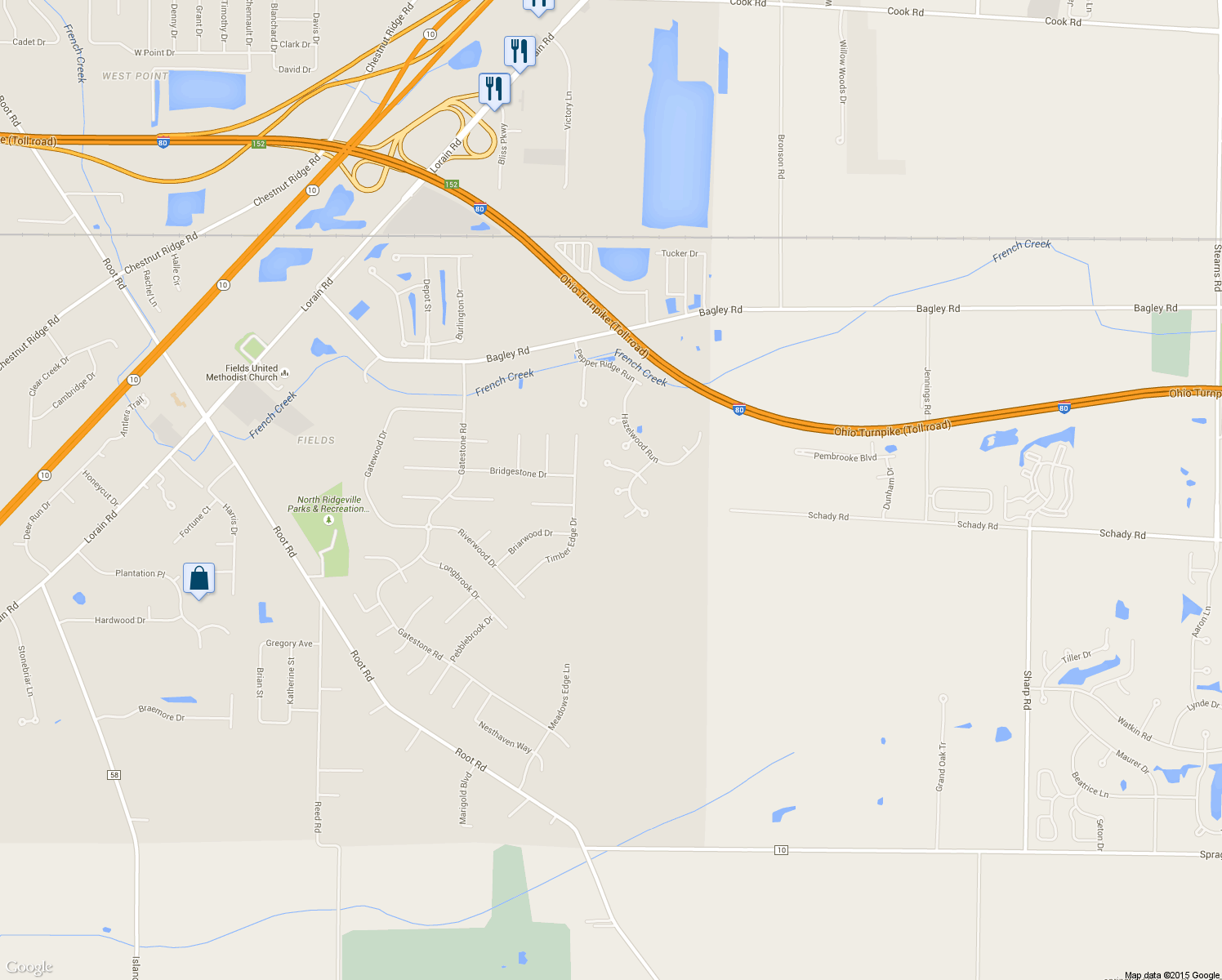 map of restaurants, bars, coffee shops, grocery stores, and more near 32082 Lilac Lane in North Ridgeville