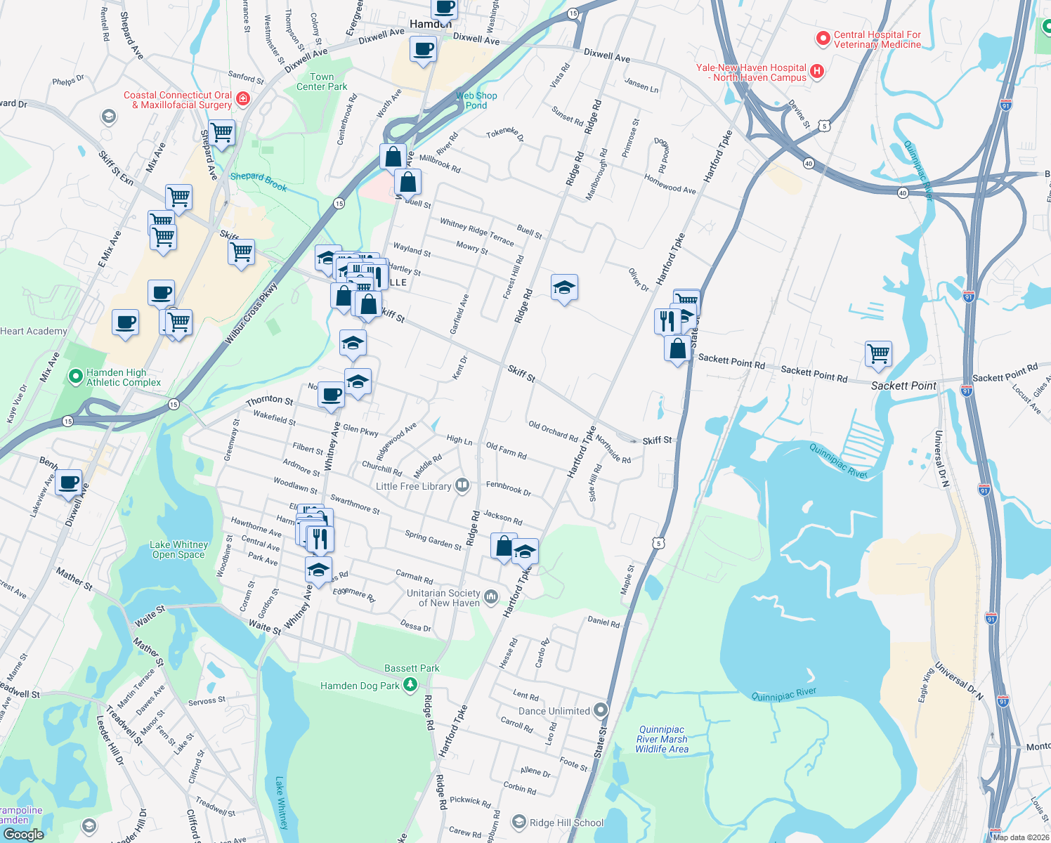 map of restaurants, bars, coffee shops, grocery stores, and more near 30 Old Orchard Road in North Haven
