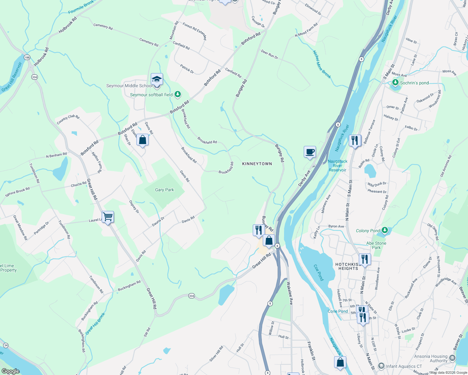 map of restaurants, bars, coffee shops, grocery stores, and more near 48 Steep Hill Road in Seymour