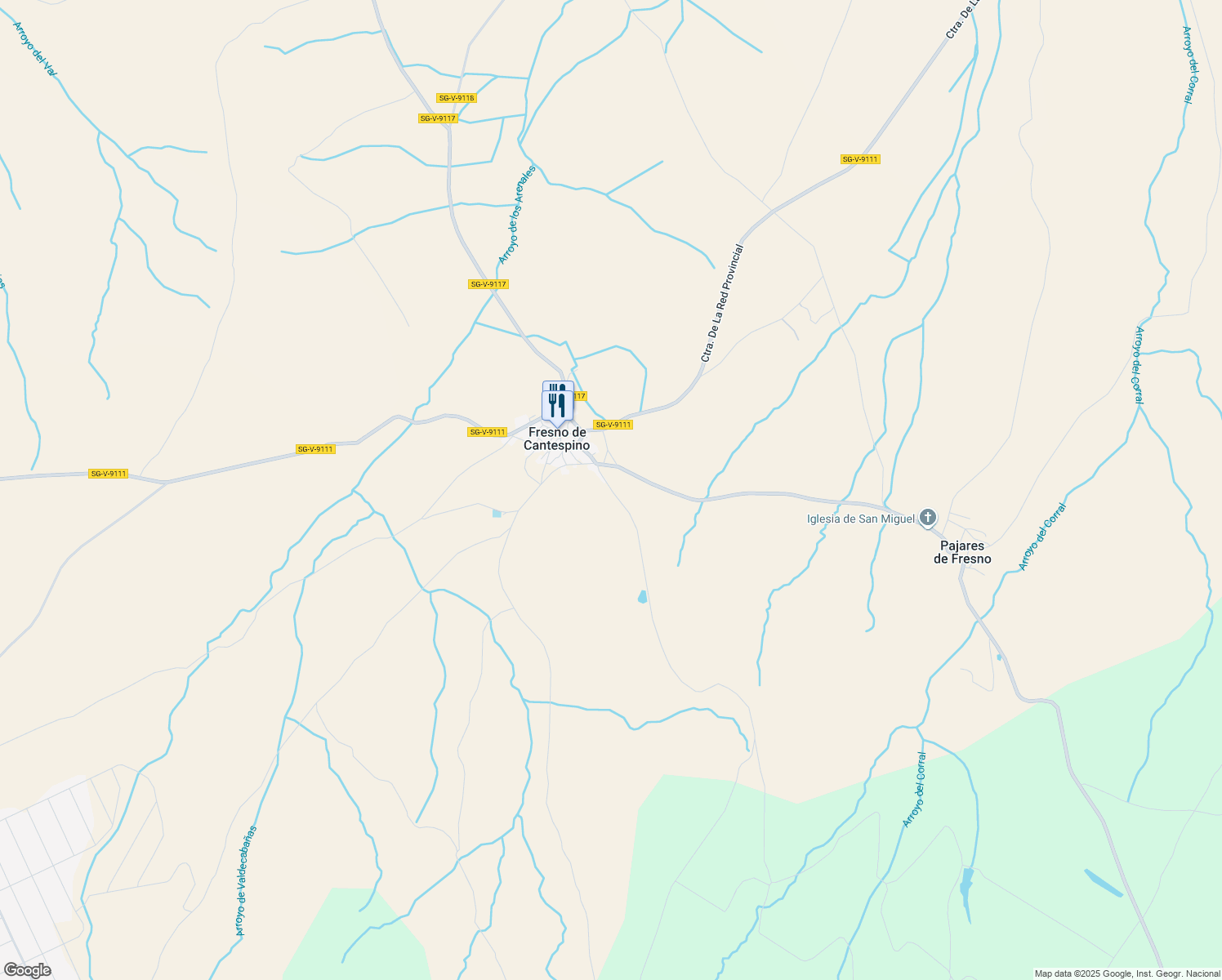 map of restaurants, bars, coffee shops, grocery stores, and more near 24 Calle Santo Domingo in Fresno de Cantespino