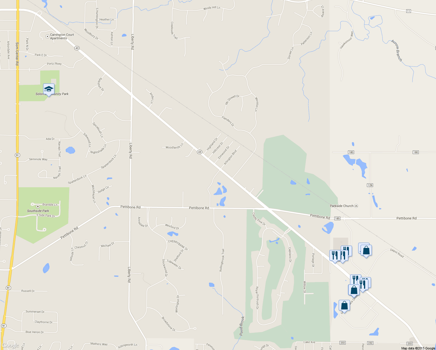 map of restaurants, bars, coffee shops, grocery stores, and more near 38030 Aurora Road in Solon