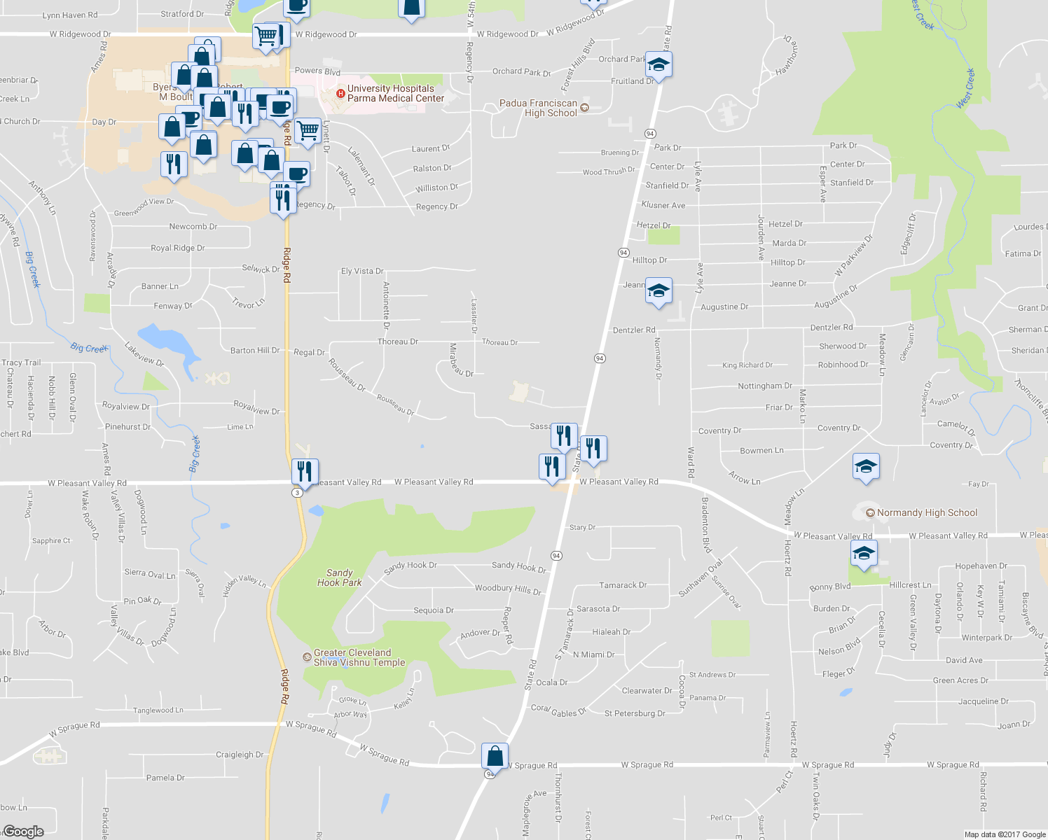 map of restaurants, bars, coffee shops, grocery stores, and more near 5106 Sassafras Drive in Parma