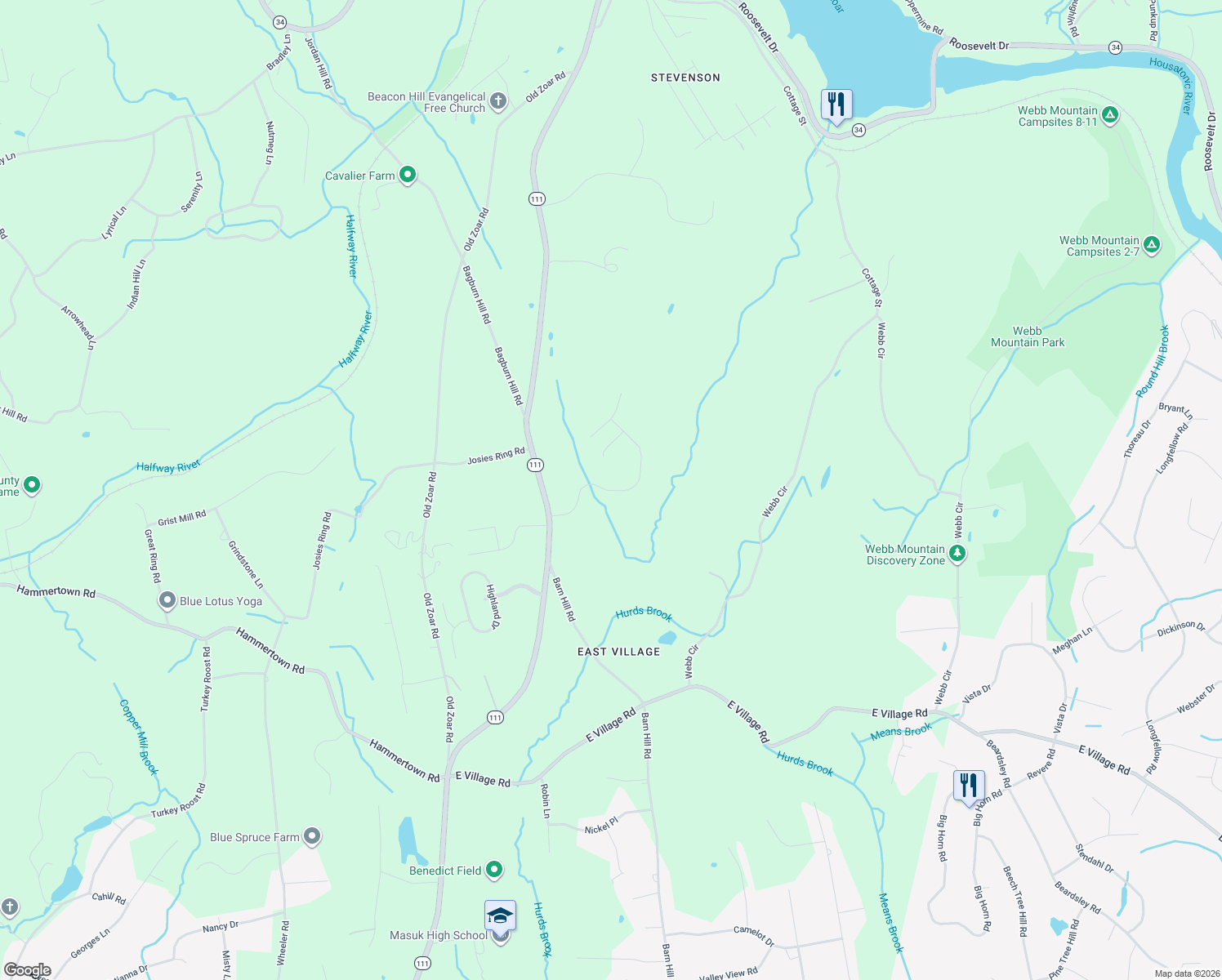 map of restaurants, bars, coffee shops, grocery stores, and more near 47 Trailside Drive in Monroe