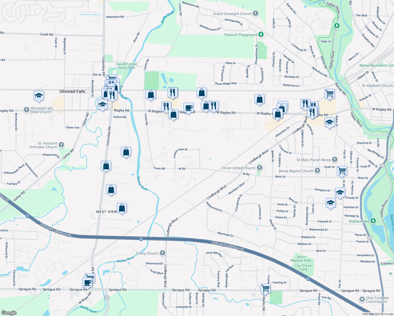 map of restaurants, bars, coffee shops, grocery stores, and more near 8435 Forest View Drive in Olmsted Falls