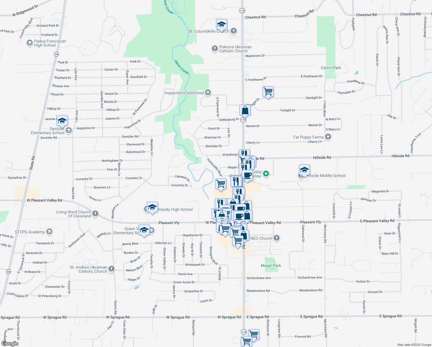 map of restaurants, bars, coffee shops, grocery stores, and more near 7318 Thorncliffe Blvd in Parma