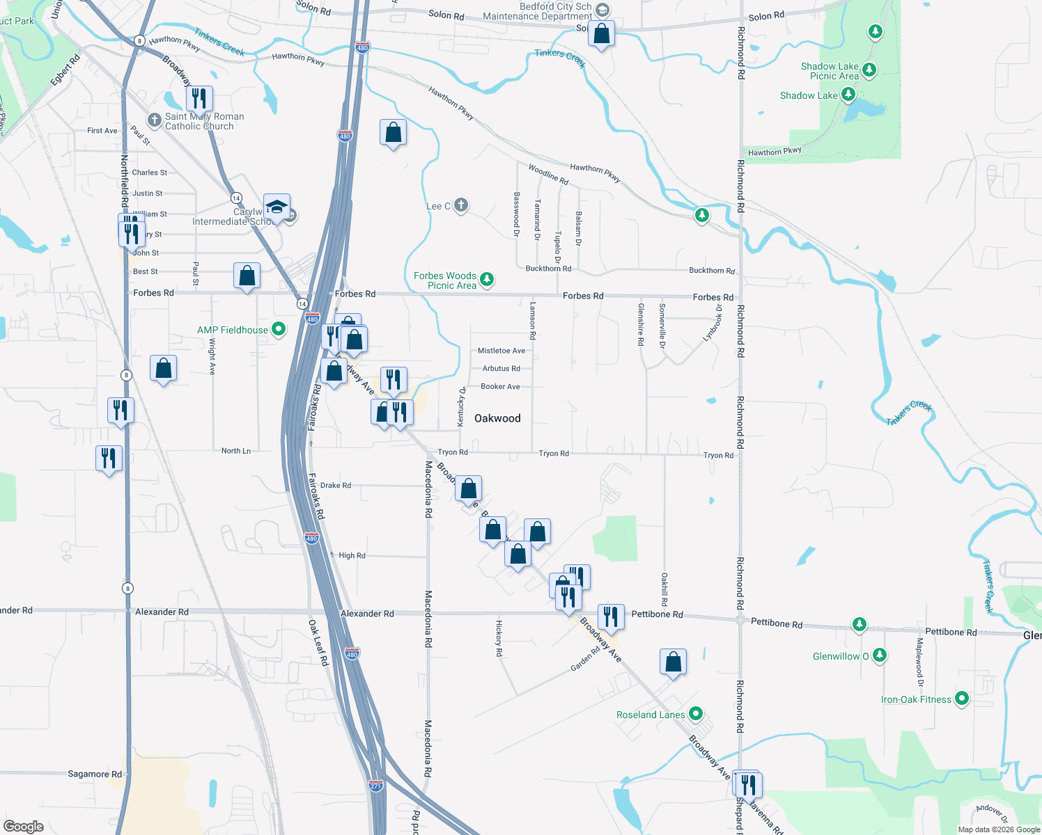 map of restaurants, bars, coffee shops, grocery stores, and more near 7318 Lamson Rd in Bedford