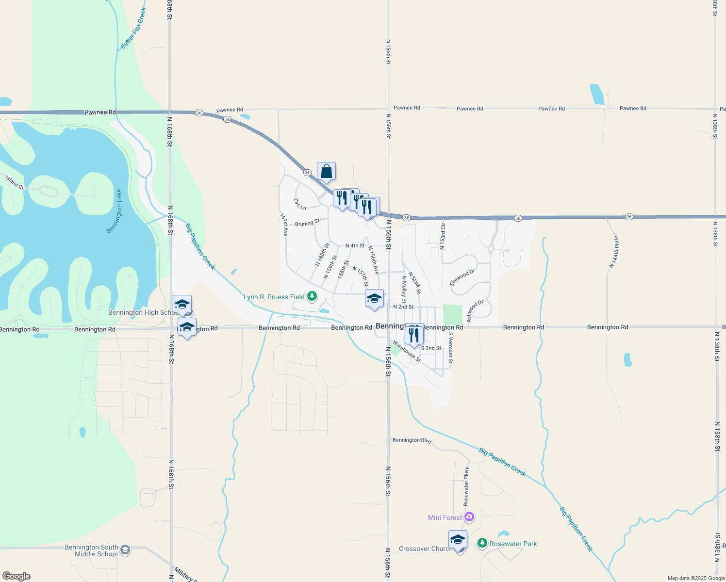 map of restaurants, bars, coffee shops, grocery stores, and more near 15702 North 2nd Street in Bennington