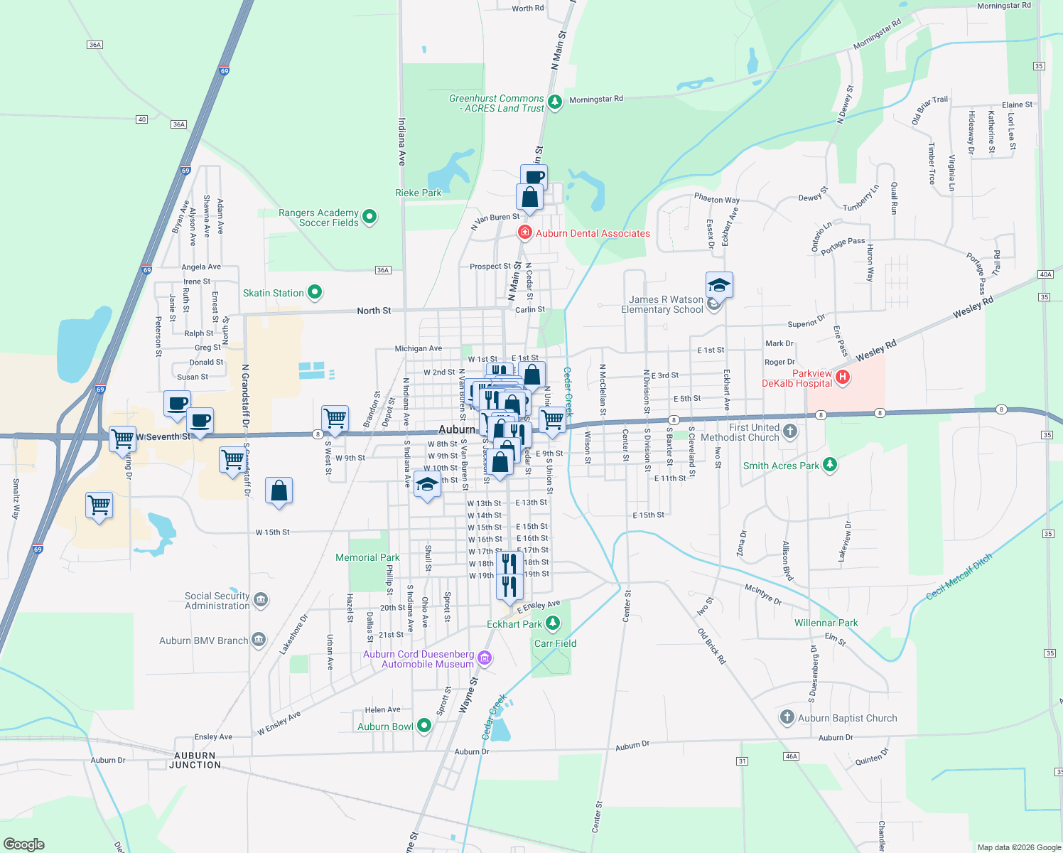 map of restaurants, bars, coffee shops, grocery stores, and more near 102 North Cedar Street in Auburn