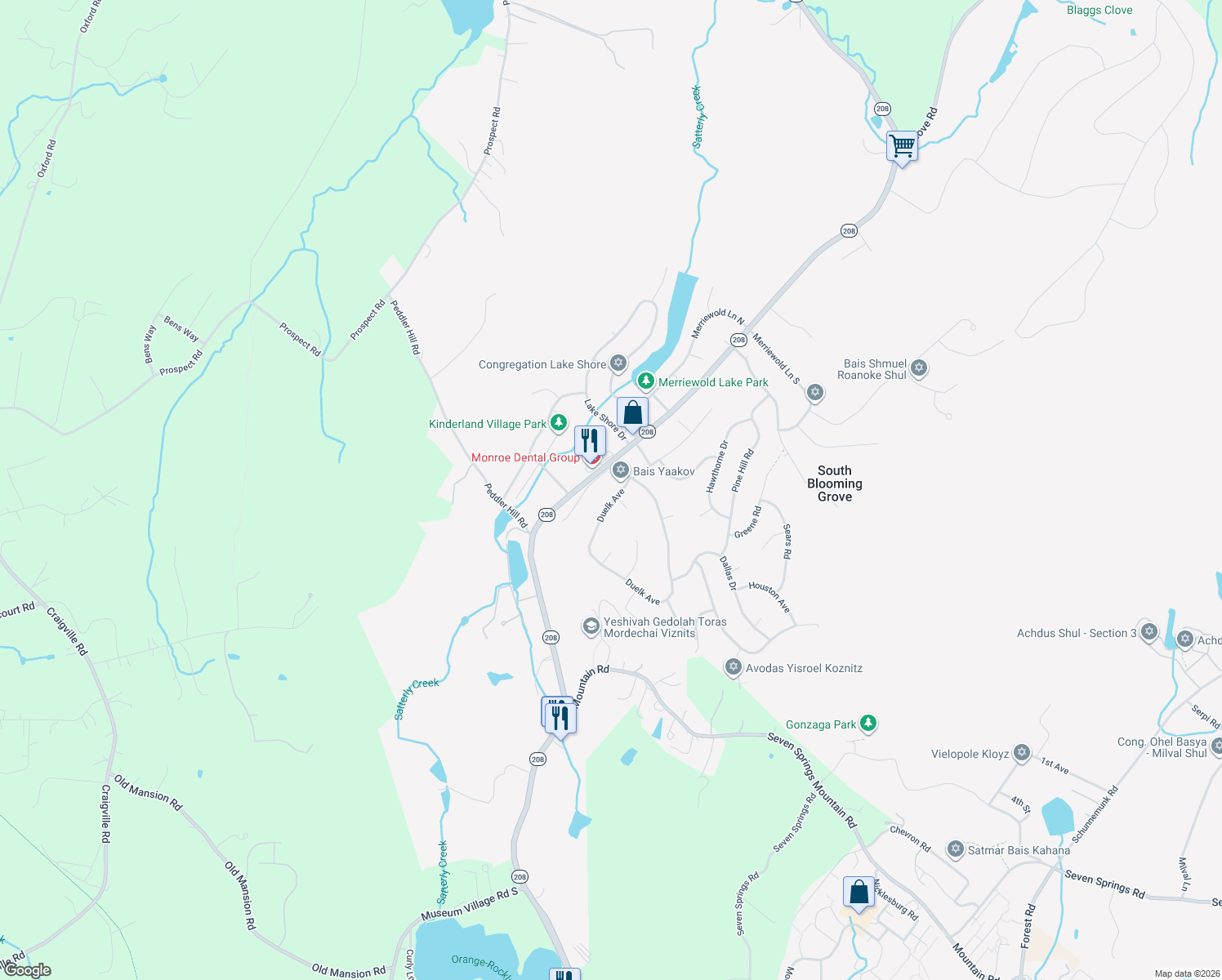 map of restaurants, bars, coffee shops, grocery stores, and more near 6 Duelk Avenue in Monroe