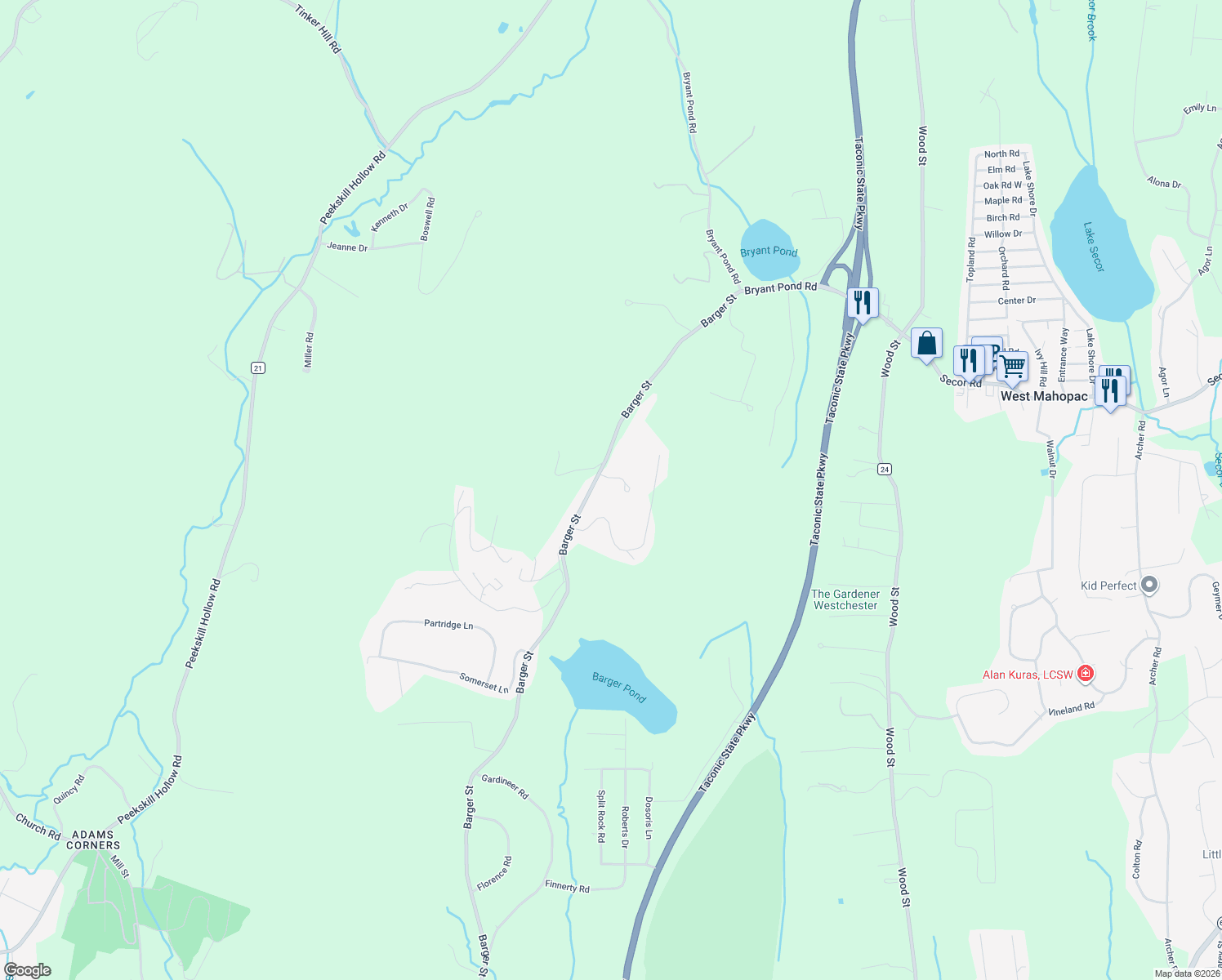map of restaurants, bars, coffee shops, grocery stores, and more near 230 Barger Street in Putnam Valley