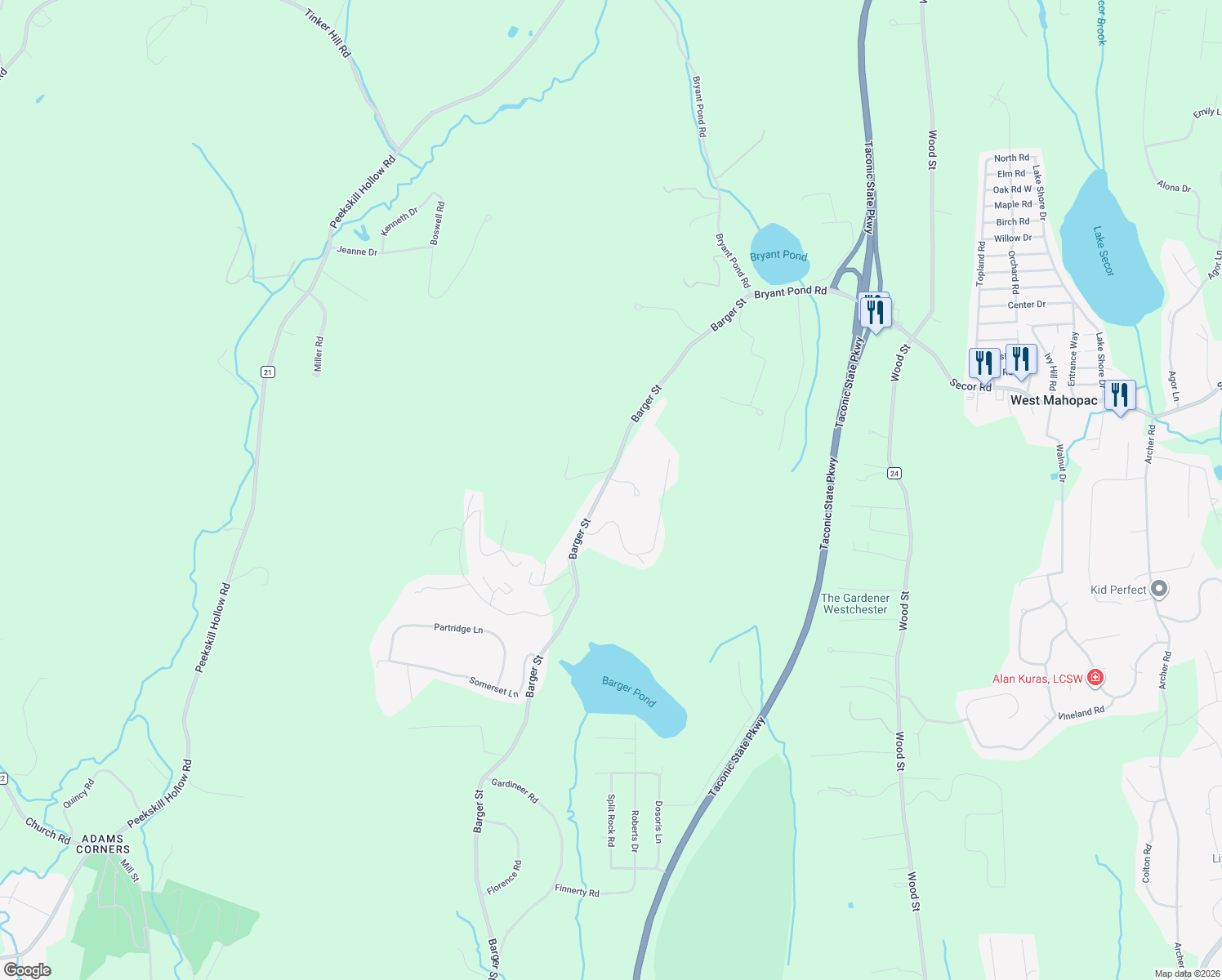 map of restaurants, bars, coffee shops, grocery stores, and more near 230 Barger Street in Putnam Valley