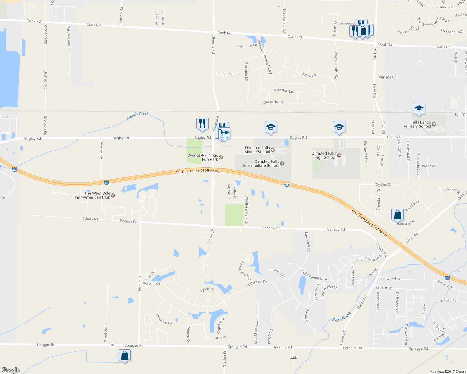 map of restaurants, bars, coffee shops, grocery stores, and more near 8537 Bentley Drive in Olmsted Falls
