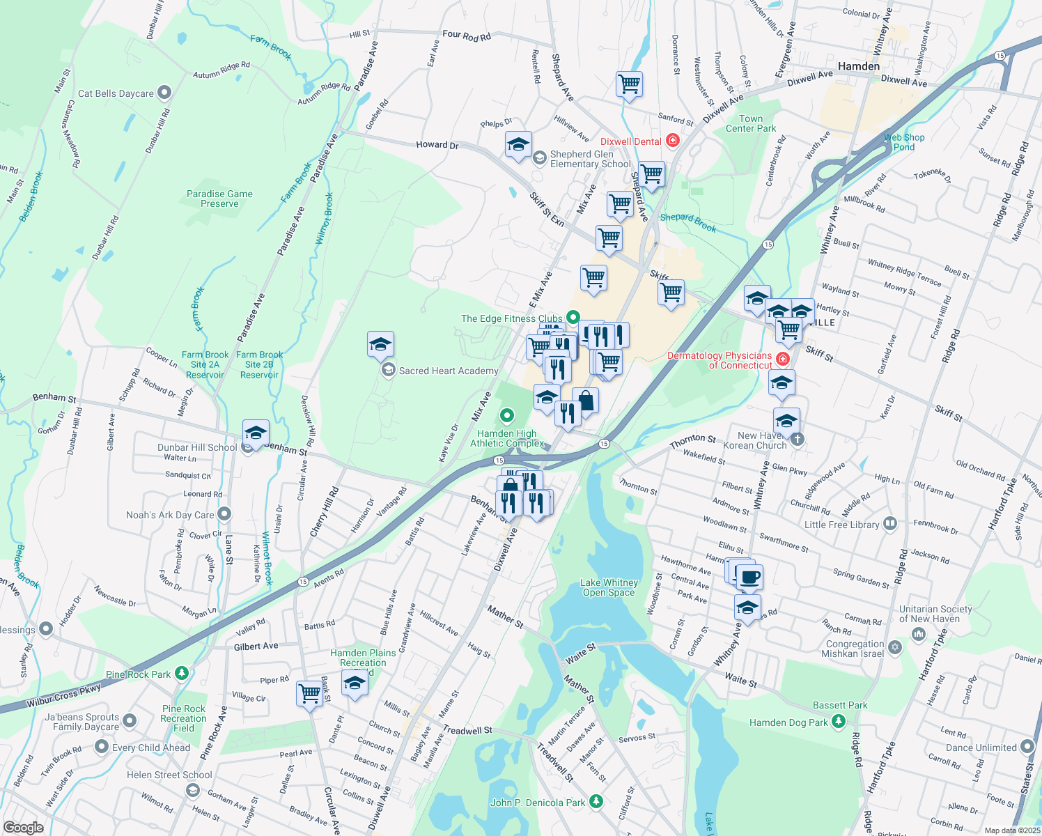 map of restaurants, bars, coffee shops, grocery stores, and more near 2040 Dixwell Avenue in Hamden