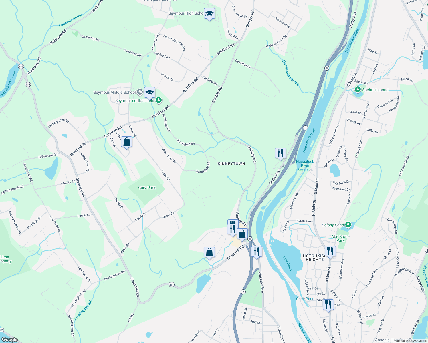 map of restaurants, bars, coffee shops, grocery stores, and more near 6 Cross Creek Lane in Seymour