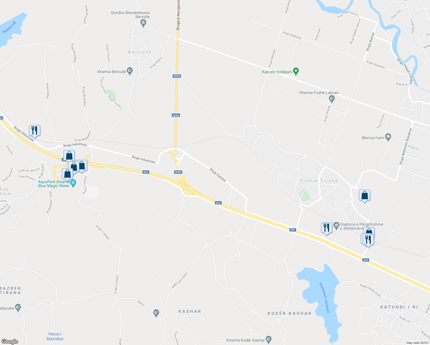 map of restaurants, bars, coffee shops, grocery stores, and more near Rruga Egnatia in Kashar