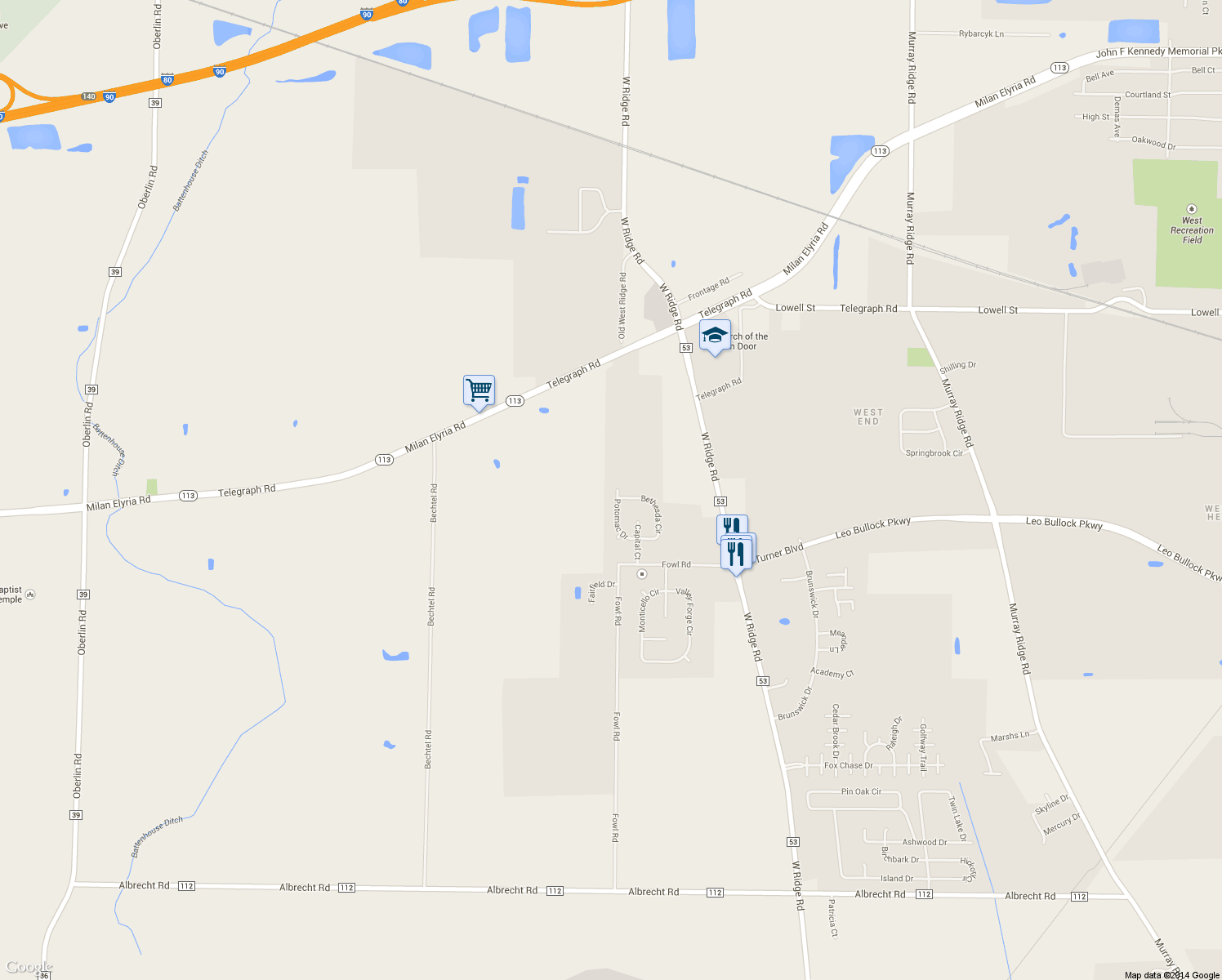 map of restaurants, bars, coffee shops, grocery stores, and more near 154 Potomac Drive in Elyria