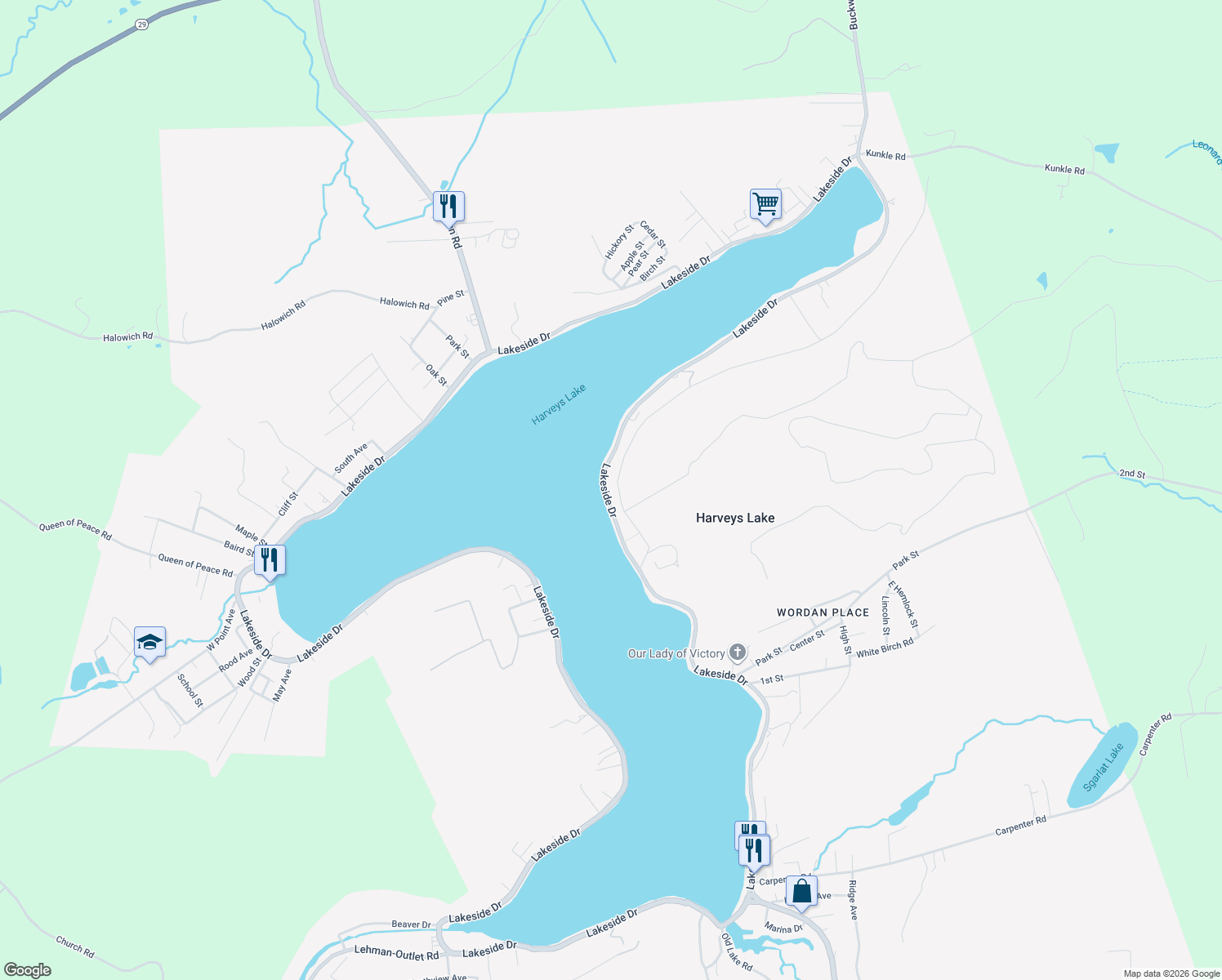map of restaurants, bars, coffee shops, grocery stores, and more near L145-146 Lakeside Drive in Harveys Lake