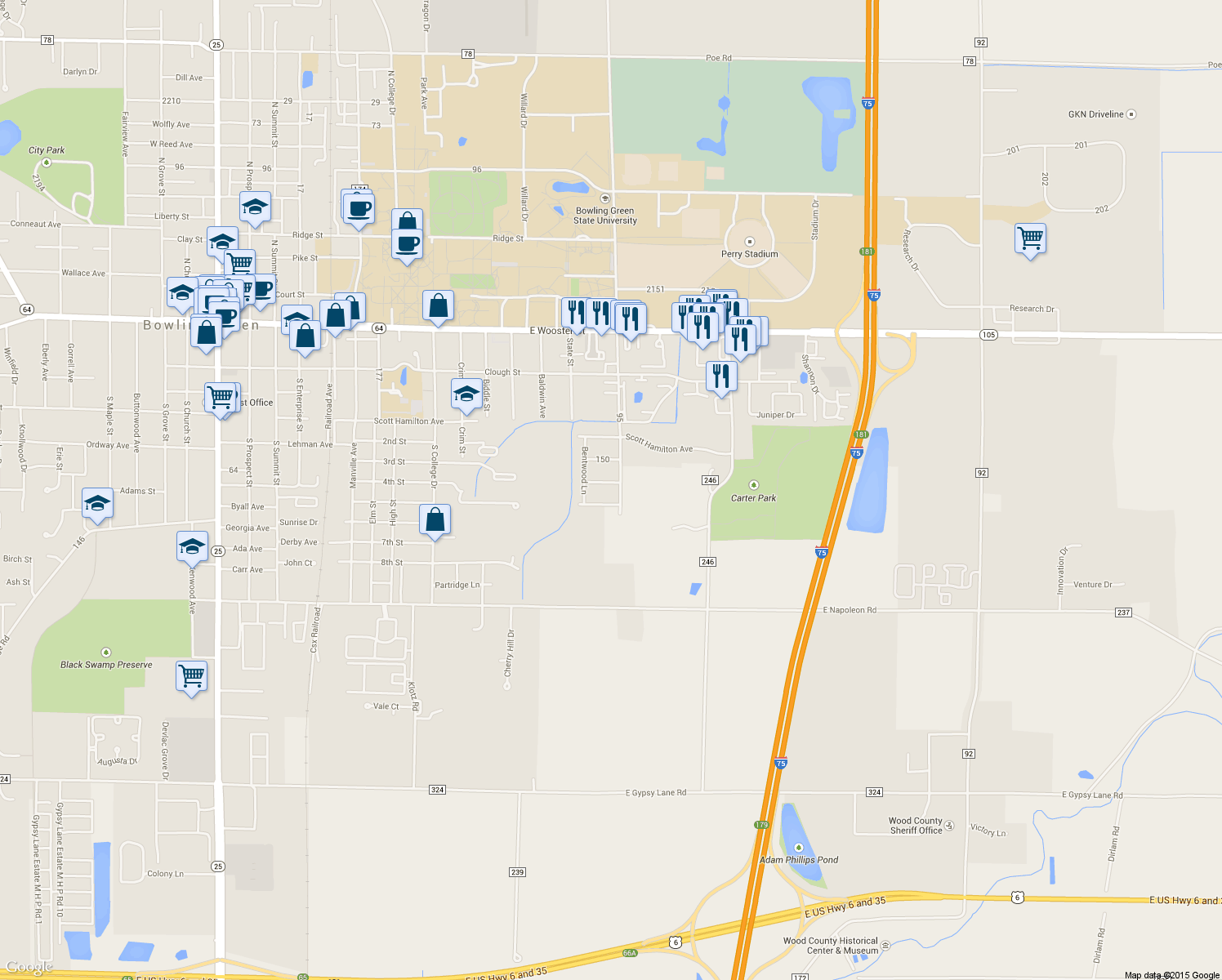 map of restaurants, bars, coffee shops, grocery stores, and more near 1480 Brookwood Drive in Bowling Green