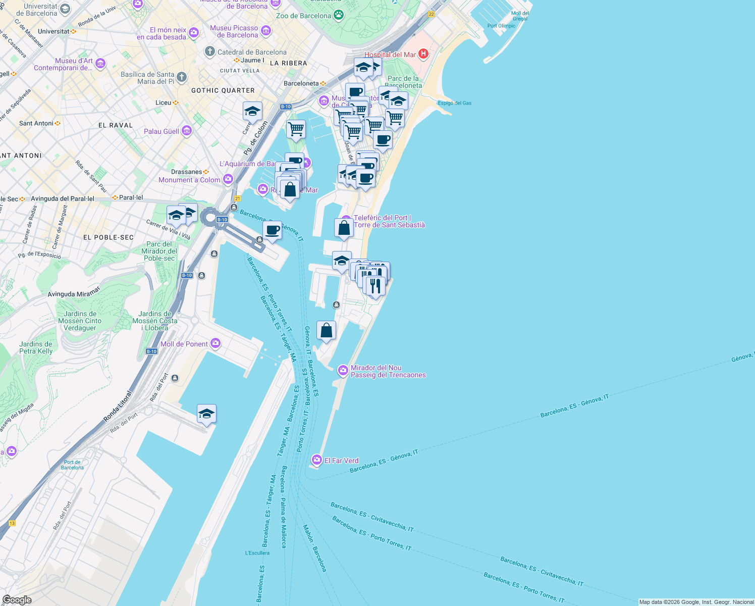 map of restaurants, bars, coffee shops, grocery stores, and more near 1 Plaça de la Rosa dels Vents in Barcelona