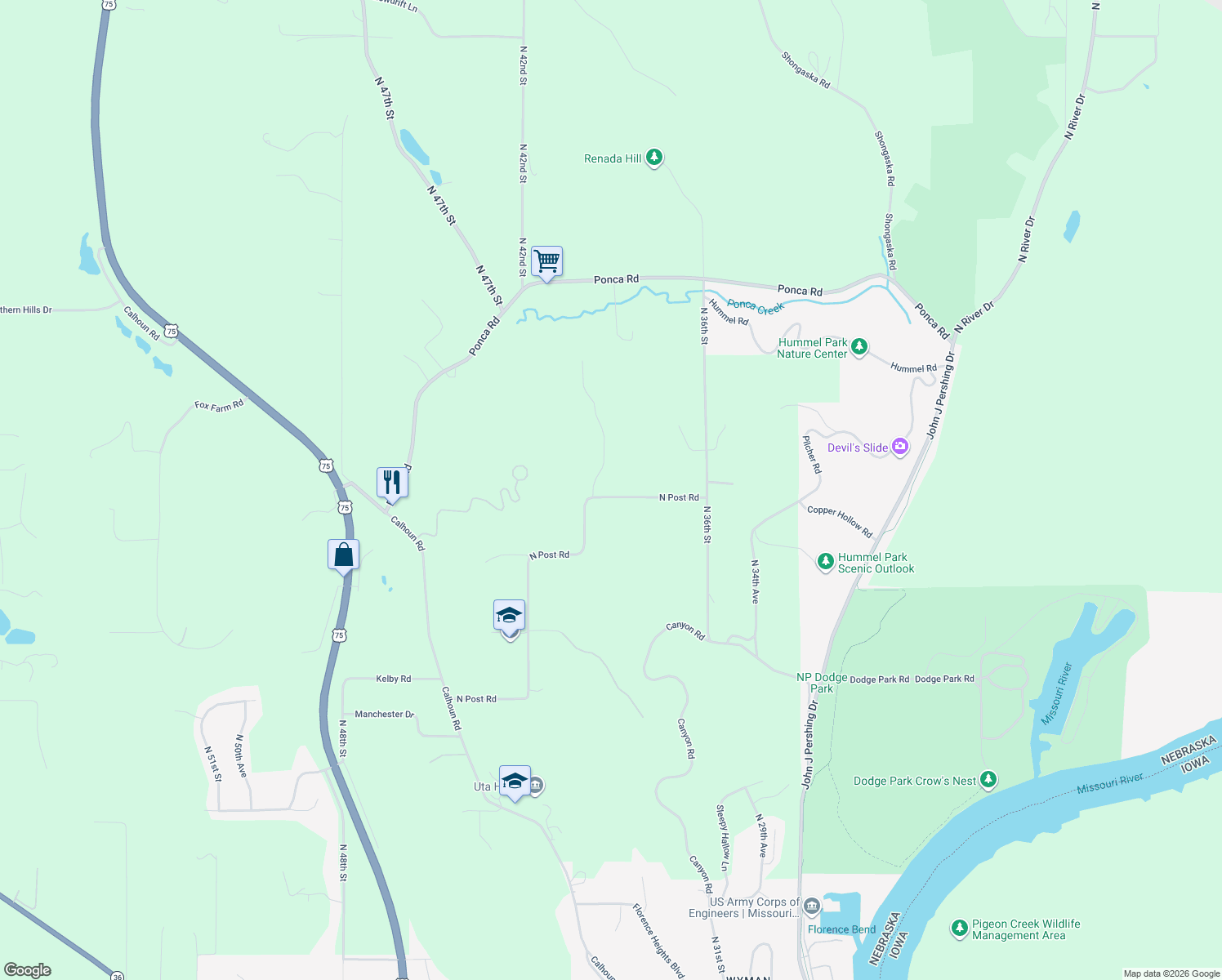 map of restaurants, bars, coffee shops, grocery stores, and more near 3910 North Post Road in Omaha