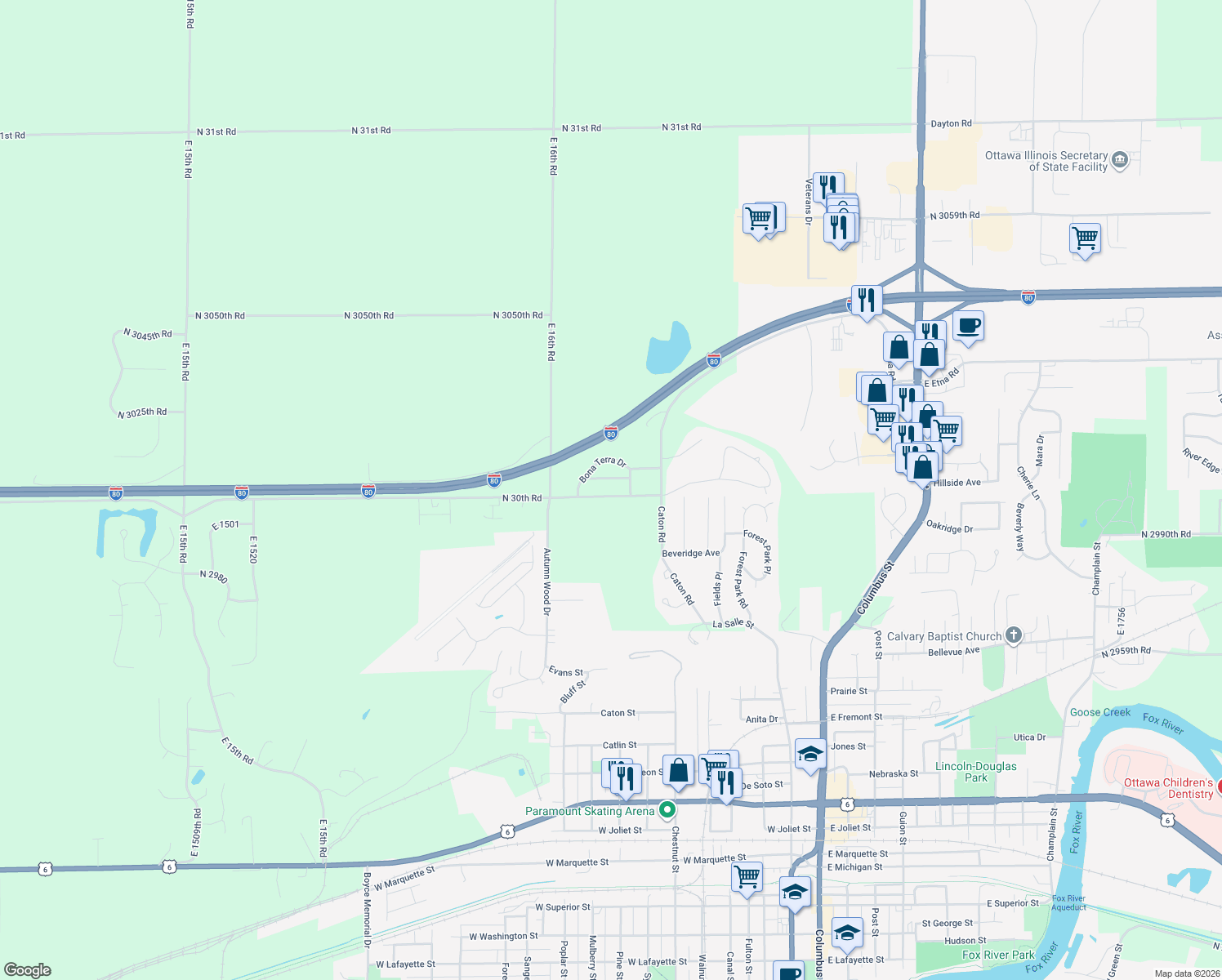 map of restaurants, bars, coffee shops, grocery stores, and more near 1570 North 30th Road in Ottawa