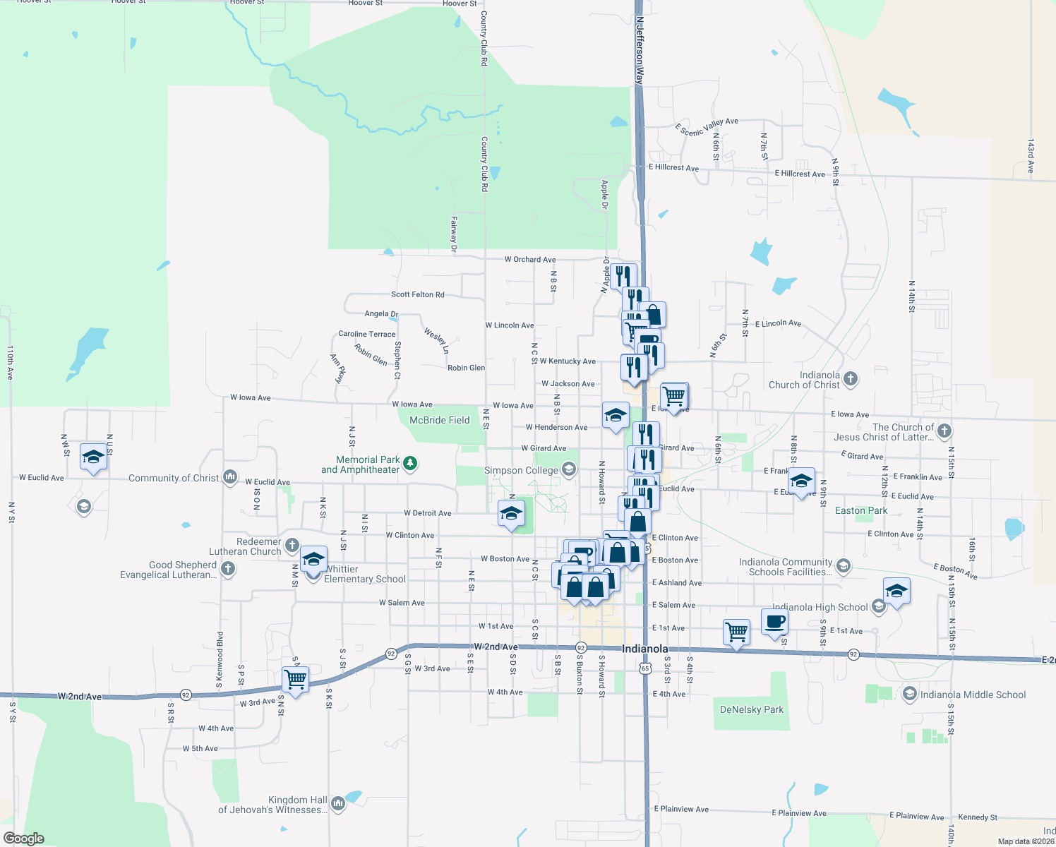 map of restaurants, bars, coffee shops, grocery stores, and more near 901 North C Street in Indianola
