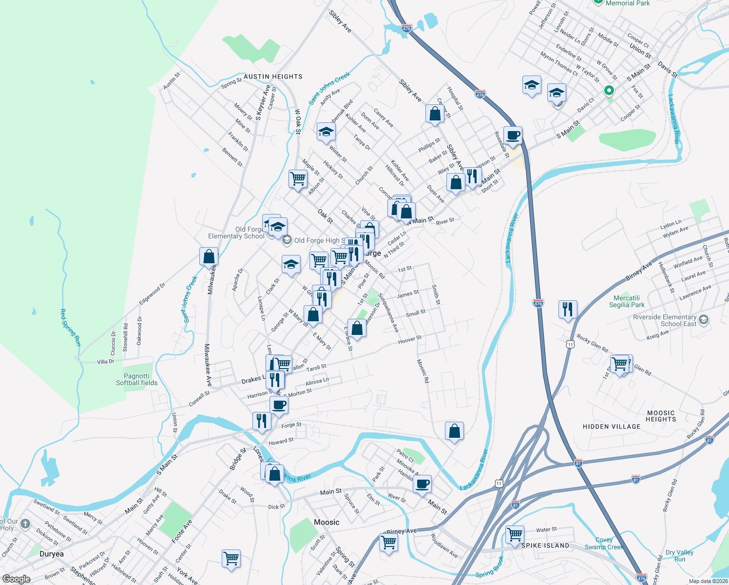 map of restaurants, bars, coffee shops, grocery stores, and more near 237 1st St in Old Forge