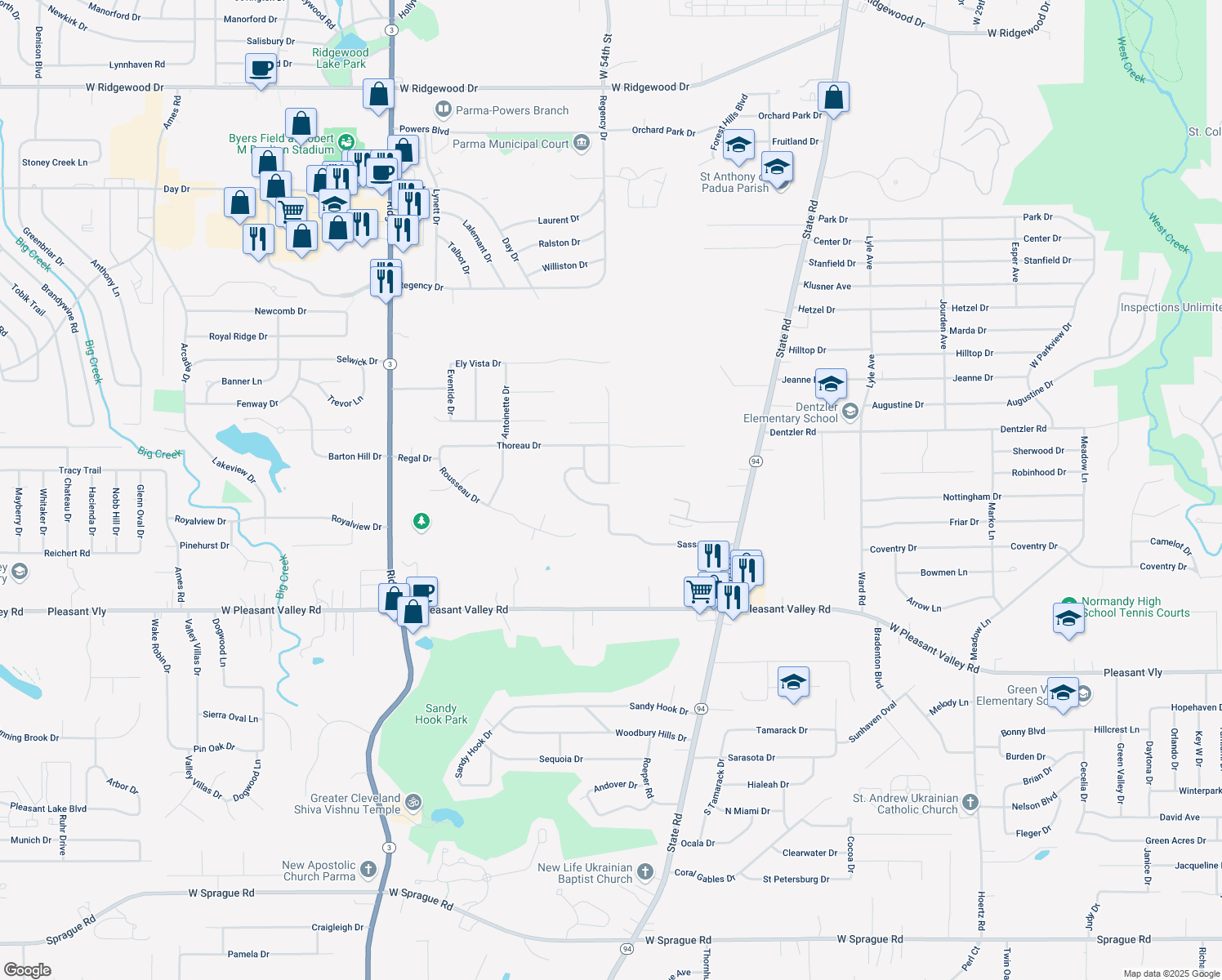 map of restaurants, bars, coffee shops, grocery stores, and more near 5309 Mirabeau Dr in Parma