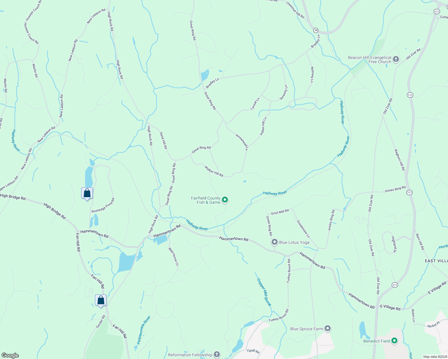 map of restaurants, bars, coffee shops, grocery stores, and more near 12 Walker Hill Road in Newtown