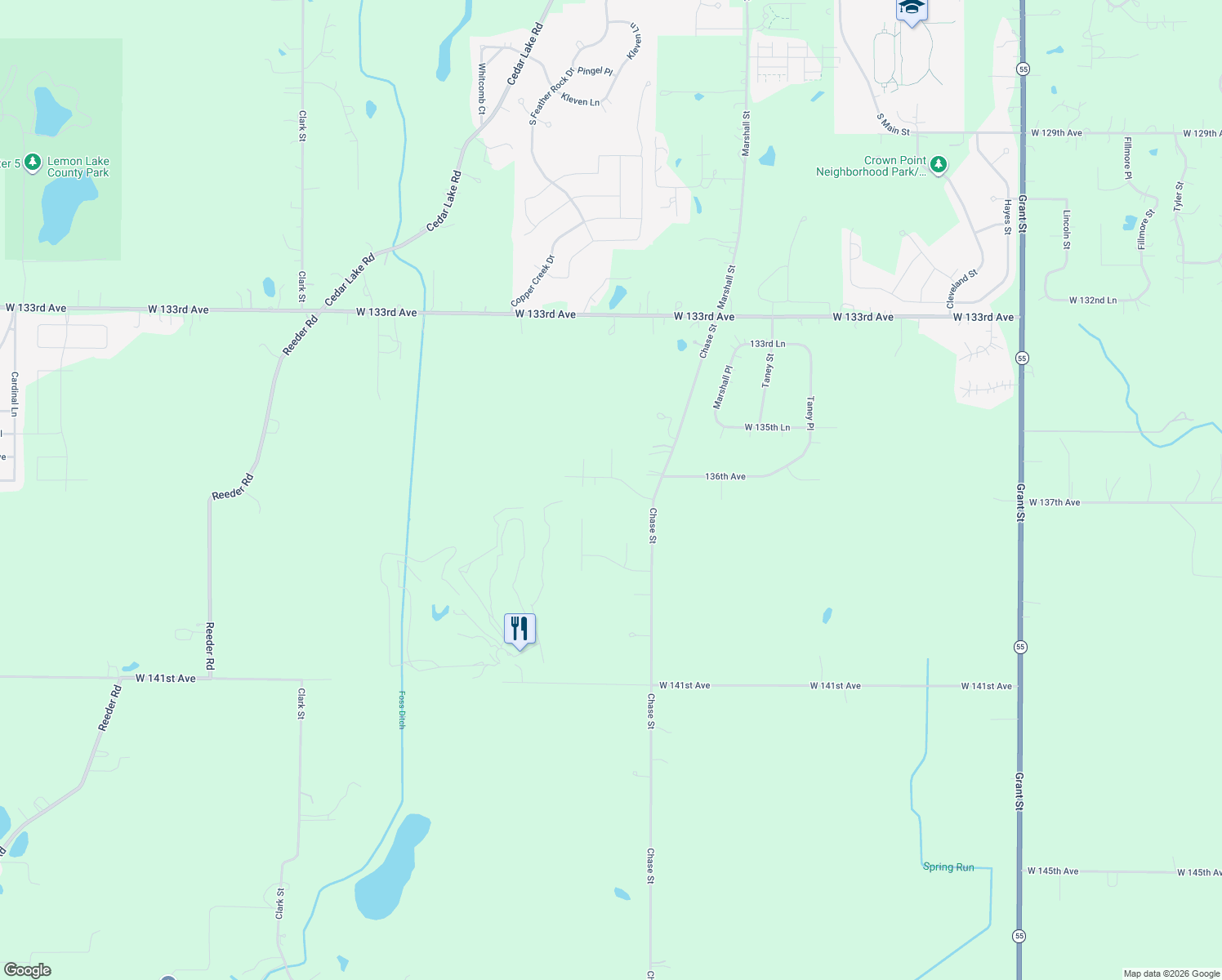 map of restaurants, bars, coffee shops, grocery stores, and more near 3385 W 136th Ln in Crown Point