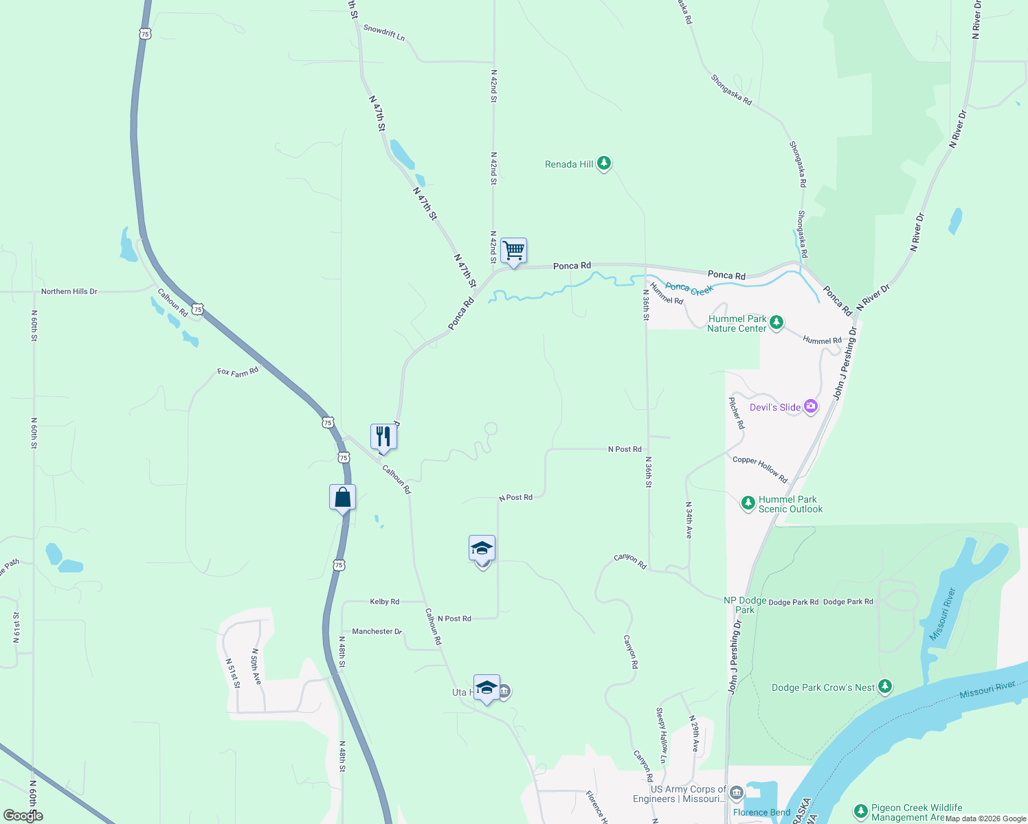 map of restaurants, bars, coffee shops, grocery stores, and more near 4014 North Post Road in Omaha