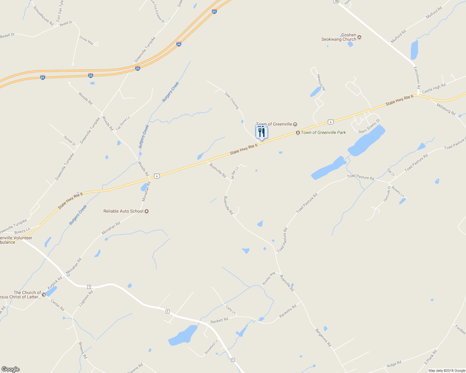 map of restaurants, bars, coffee shops, grocery stores, and more near 220 Bushville Road in Port Jervis