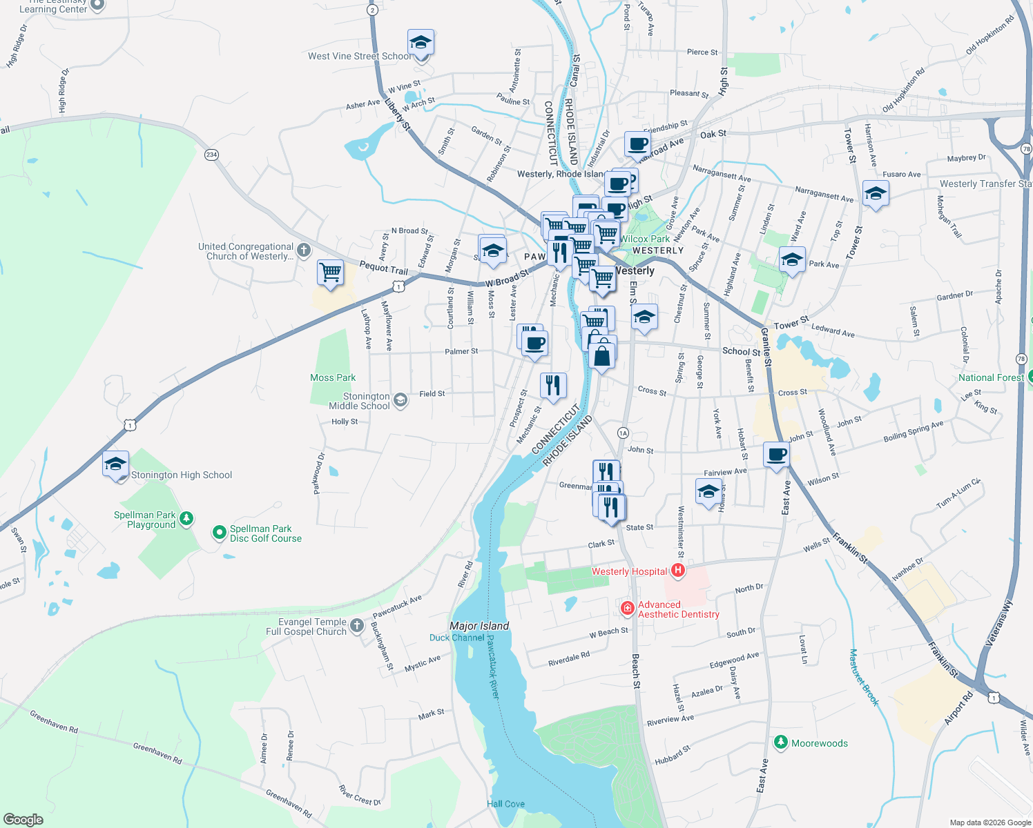 map of restaurants, bars, coffee shops, grocery stores, and more near 66 Prospect Street in Stonington