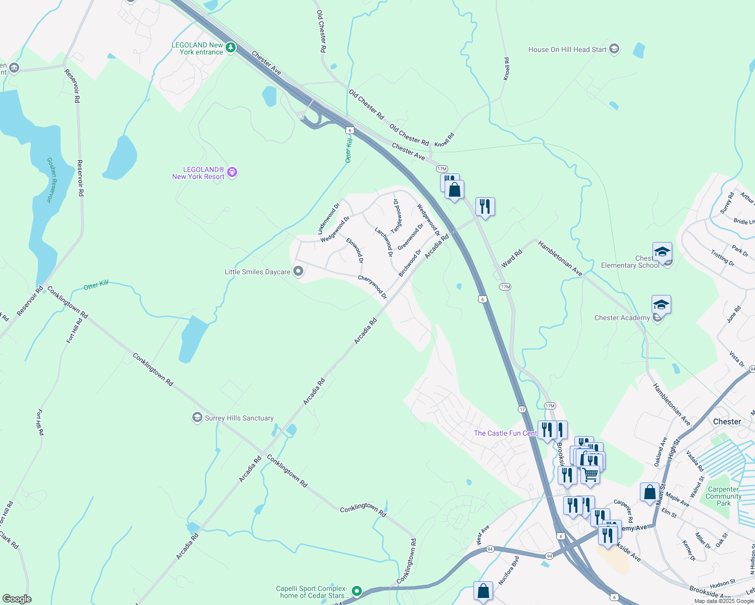 map of restaurants, bars, coffee shops, grocery stores, and more near 100 Arcadia Road in Goshen