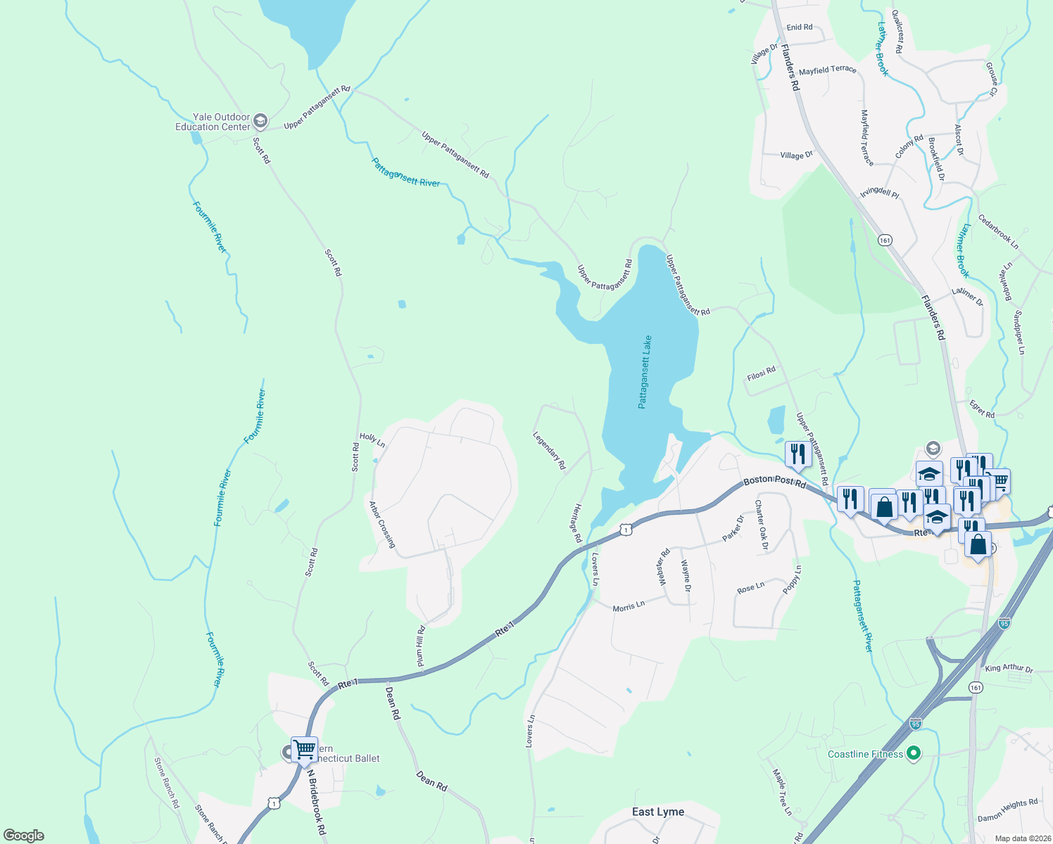 map of restaurants, bars, coffee shops, grocery stores, and more near 15 Legendary Road in East Lyme