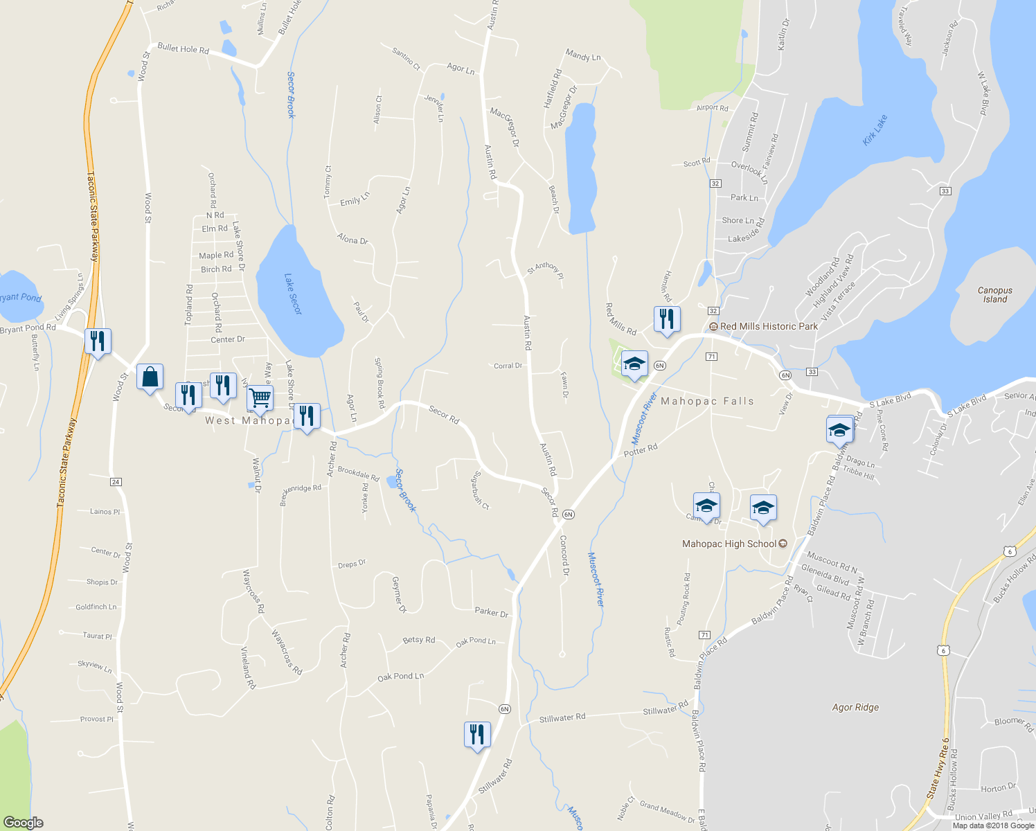 map of restaurants, bars, coffee shops, grocery stores, and more near 59 Austin Road in Mahopac