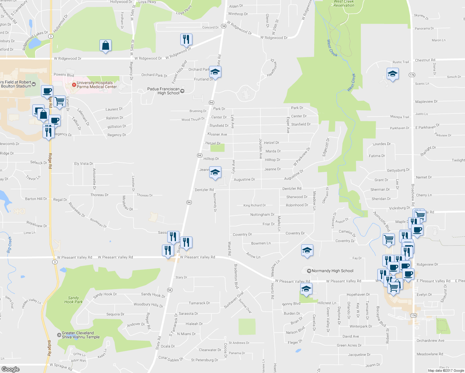 map of restaurants, bars, coffee shops, grocery stores, and more near 3520 Dentzler Road in Parma