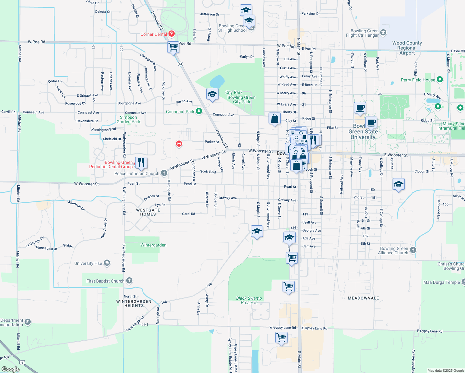map of restaurants, bars, coffee shops, grocery stores, and more near 701 Pearl St in Bowling Green