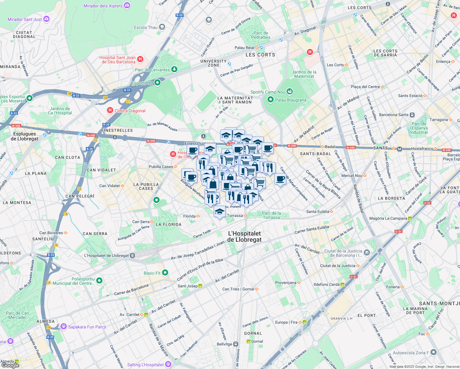 map of restaurants, bars, coffee shops, grocery stores, and more near 52 Avinguda del Torrent Gornal in L'Hospitalet de Llobregat