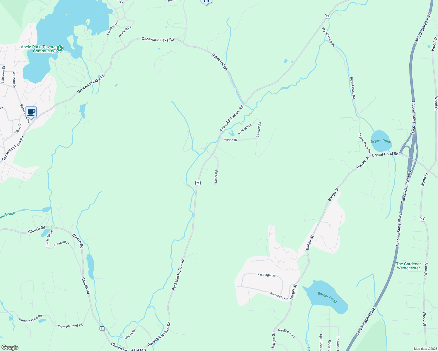 map of restaurants, bars, coffee shops, grocery stores, and more near 7 Miller Road in Putnam Valley