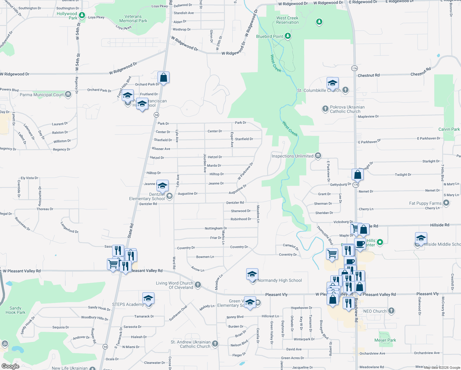 map of restaurants, bars, coffee shops, grocery stores, and more near 2811 Jeanne Drive in Parma