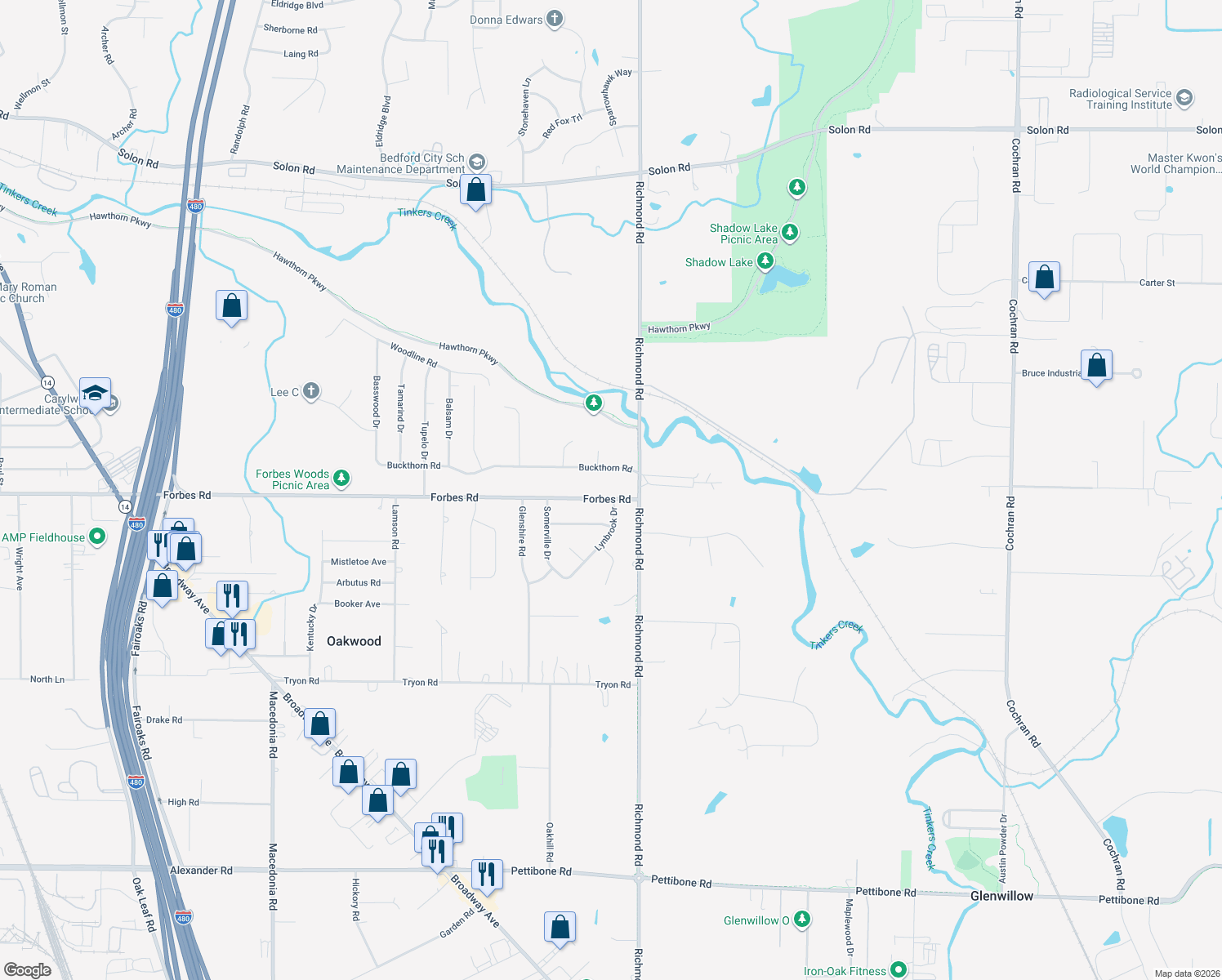 map of restaurants, bars, coffee shops, grocery stores, and more near 26410 Forbes Rd in Bedford