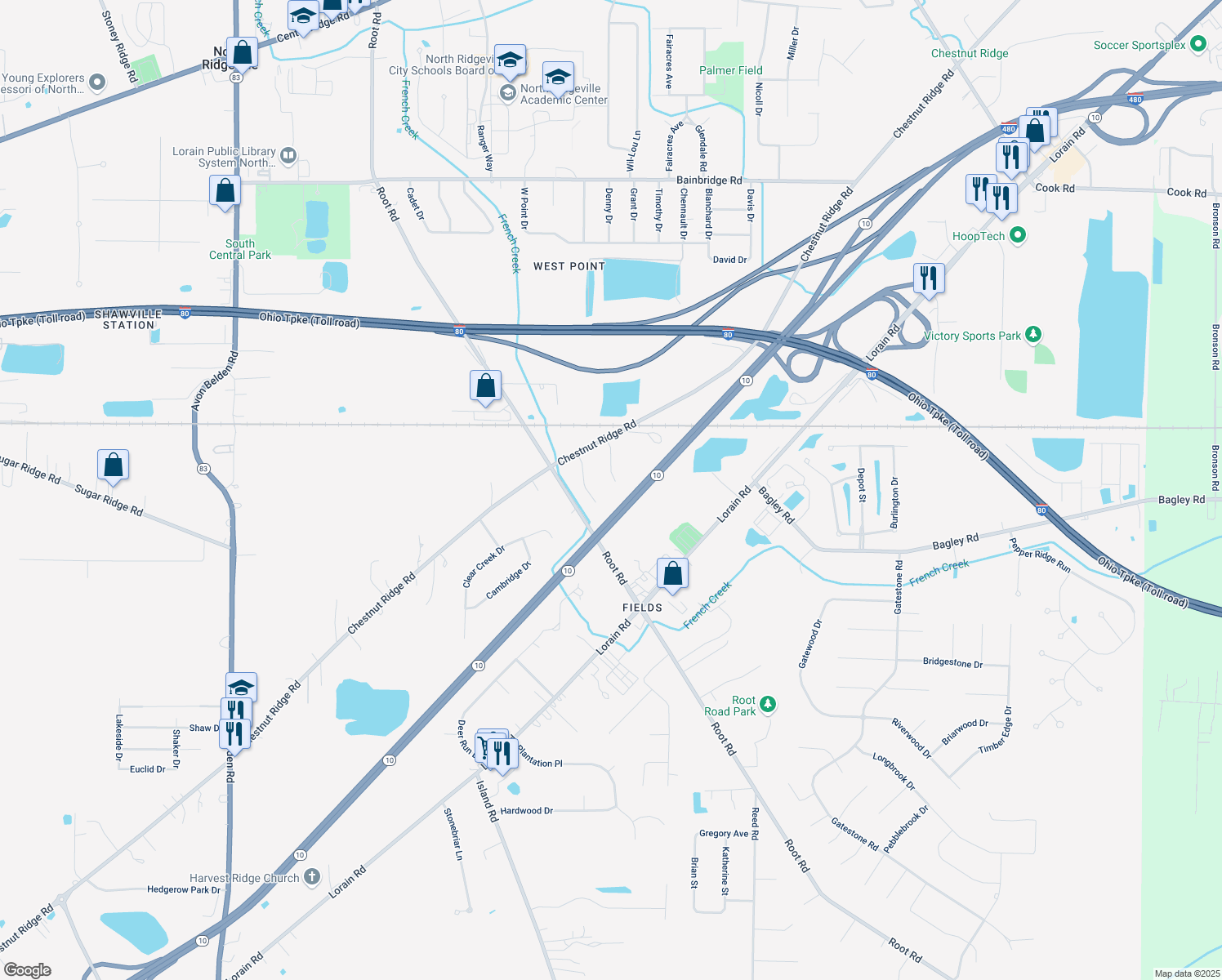 map of restaurants, bars, coffee shops, grocery stores, and more near 8296 Halle Circle in North Ridgeville