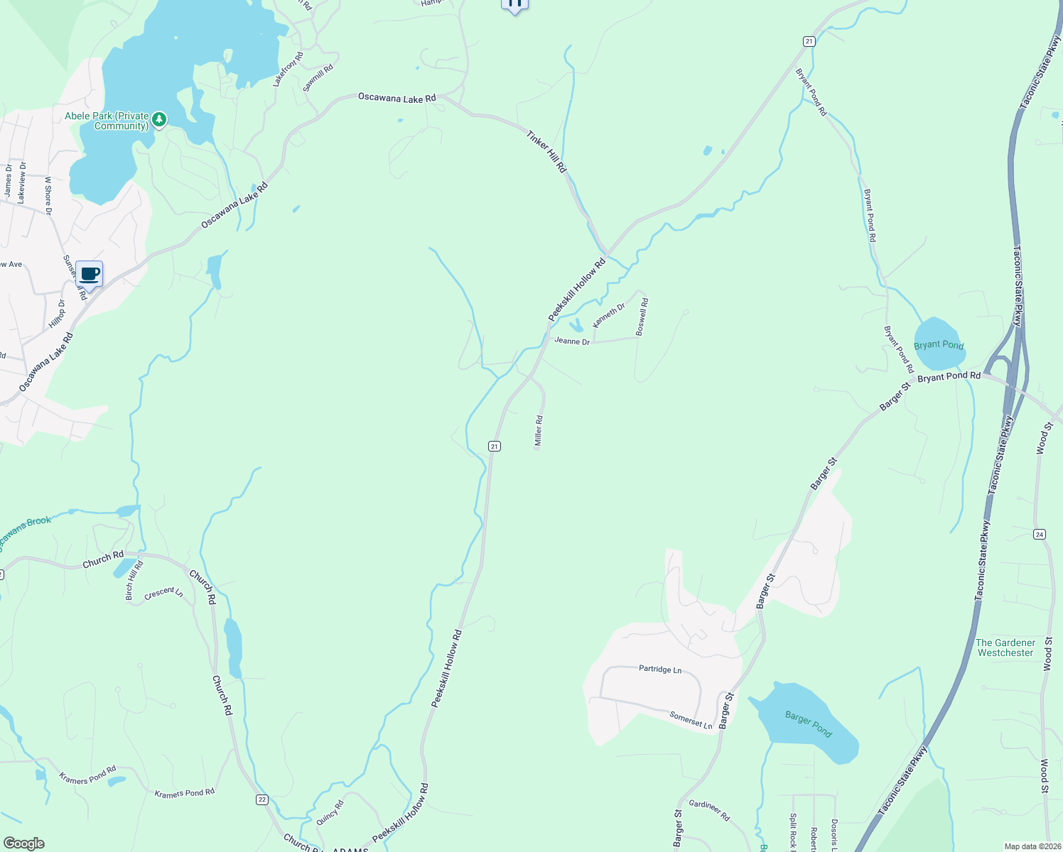 map of restaurants, bars, coffee shops, grocery stores, and more near 7 Miller Road in Putnam Valley