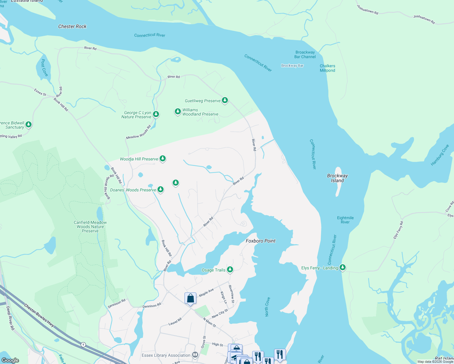 map of restaurants, bars, coffee shops, grocery stores, and more near 104 River Road in Essex