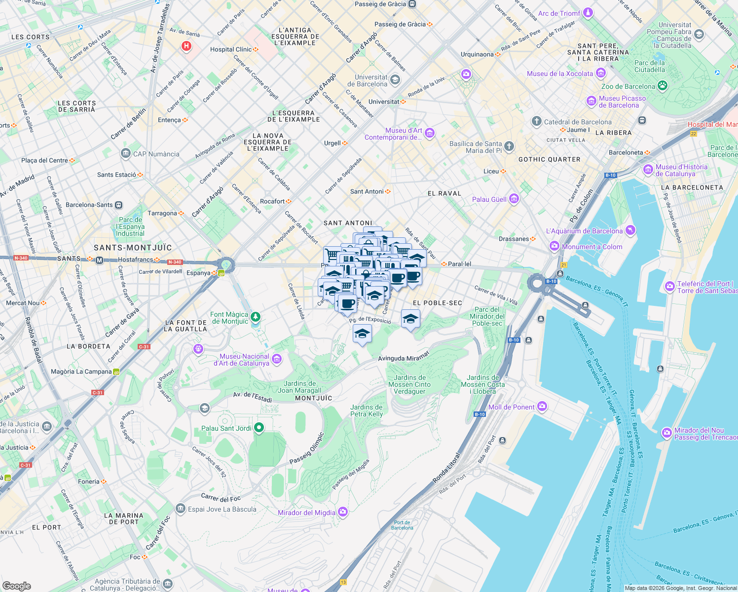 map of restaurants, bars, coffee shops, grocery stores, and more near 45 Carrer de la Creu dels Molers in Barcelona