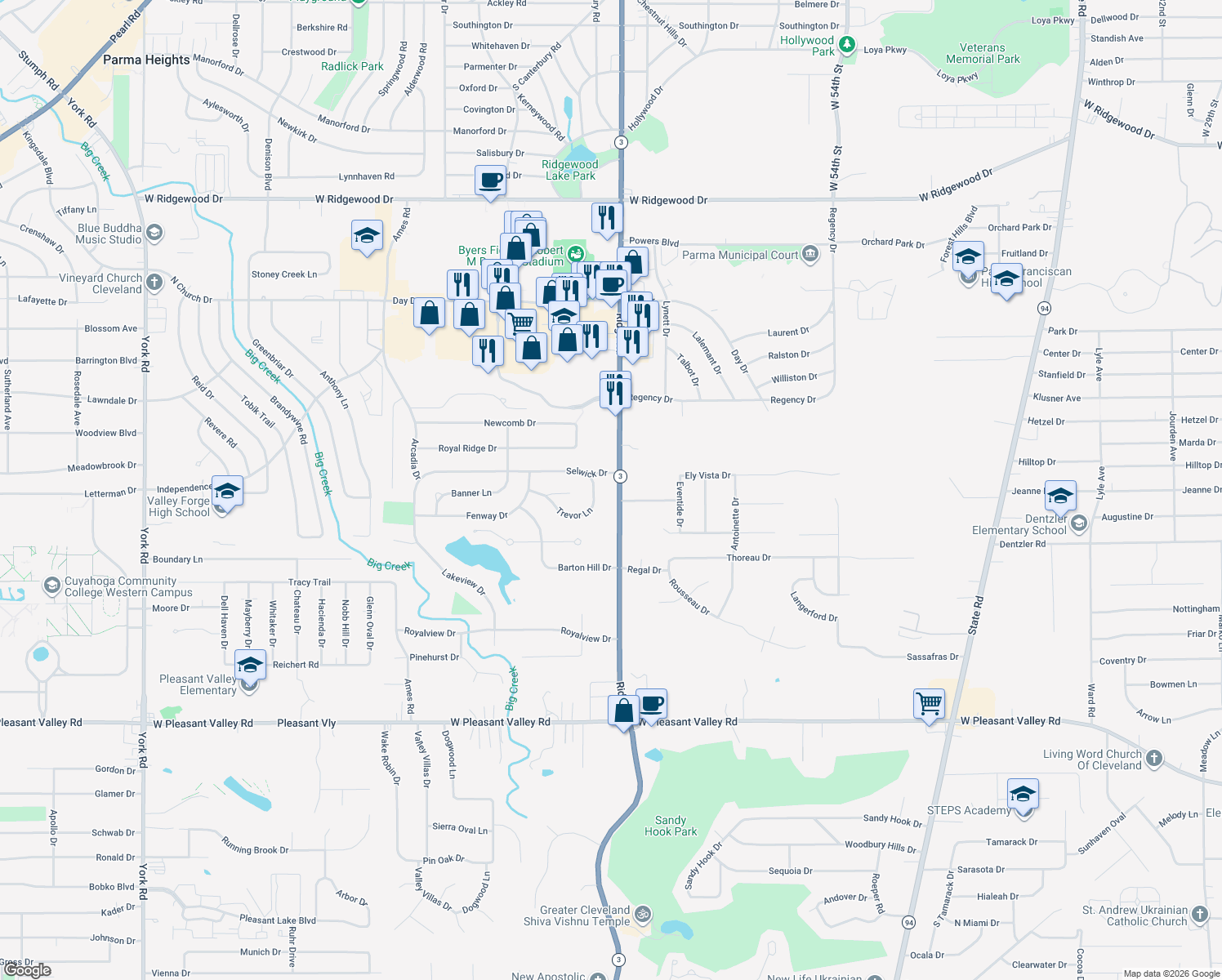 map of restaurants, bars, coffee shops, grocery stores, and more near 7060 Ridge Rd in Parma