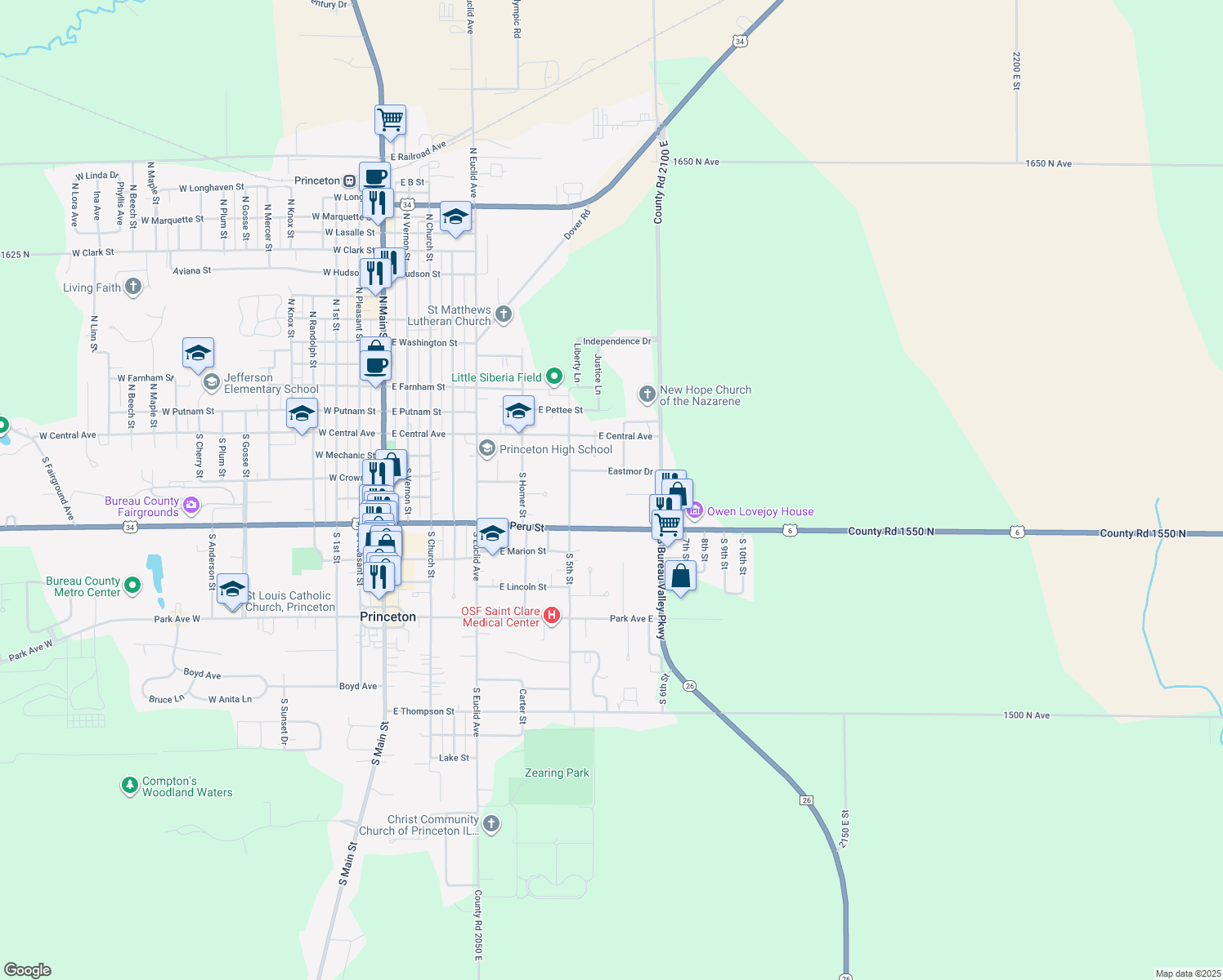 map of restaurants, bars, coffee shops, grocery stores, and more near 657 East Downey Drive in Princeton